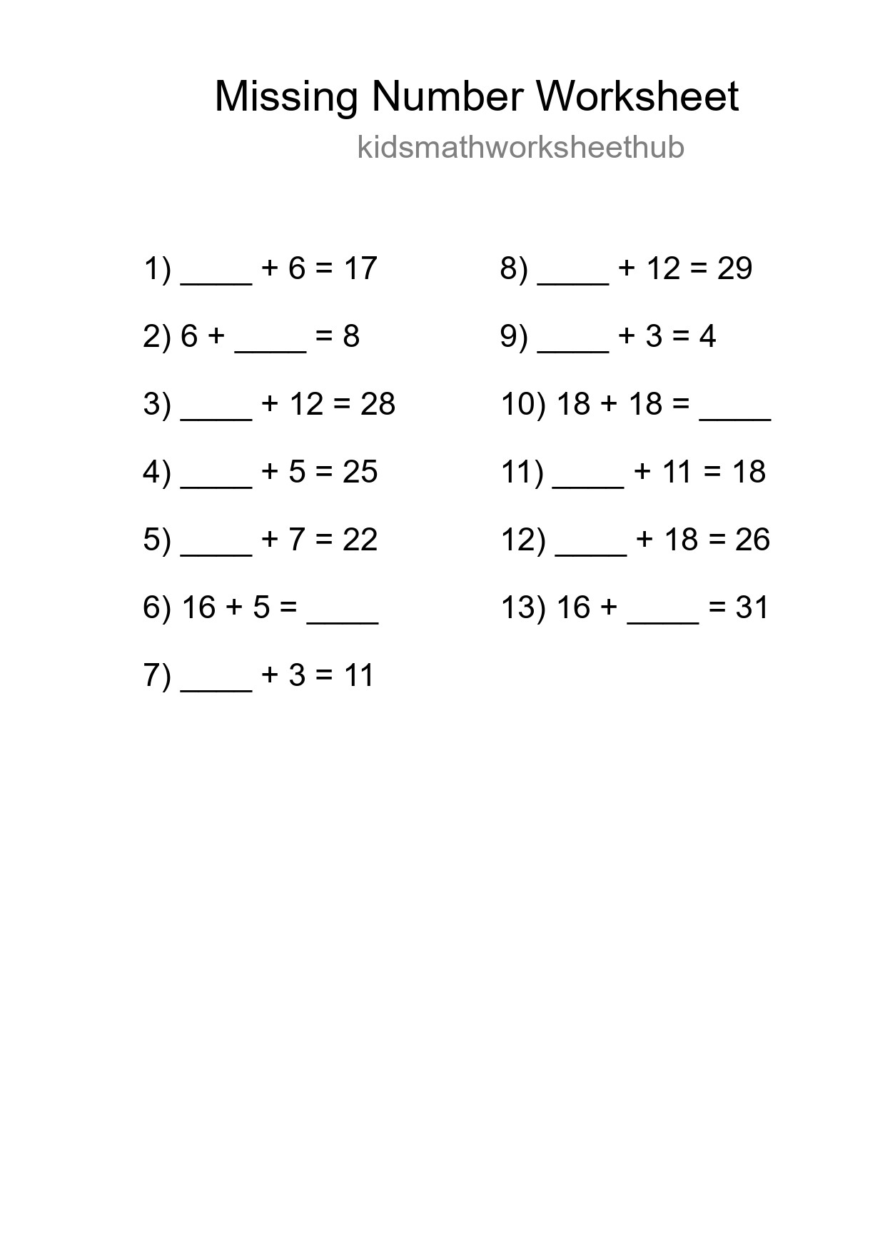 Missing Number Math Worksheet
