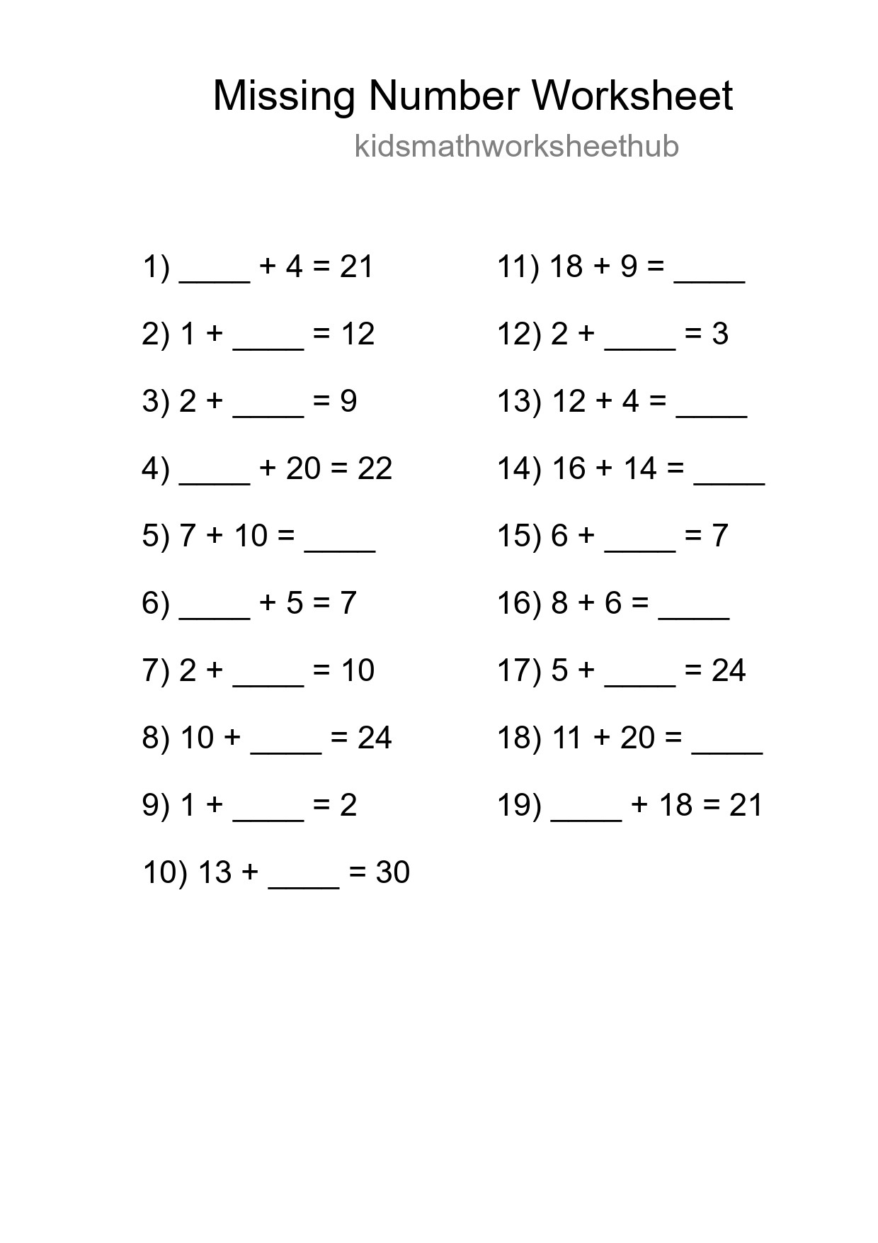 Missing Number Math Worksheet
