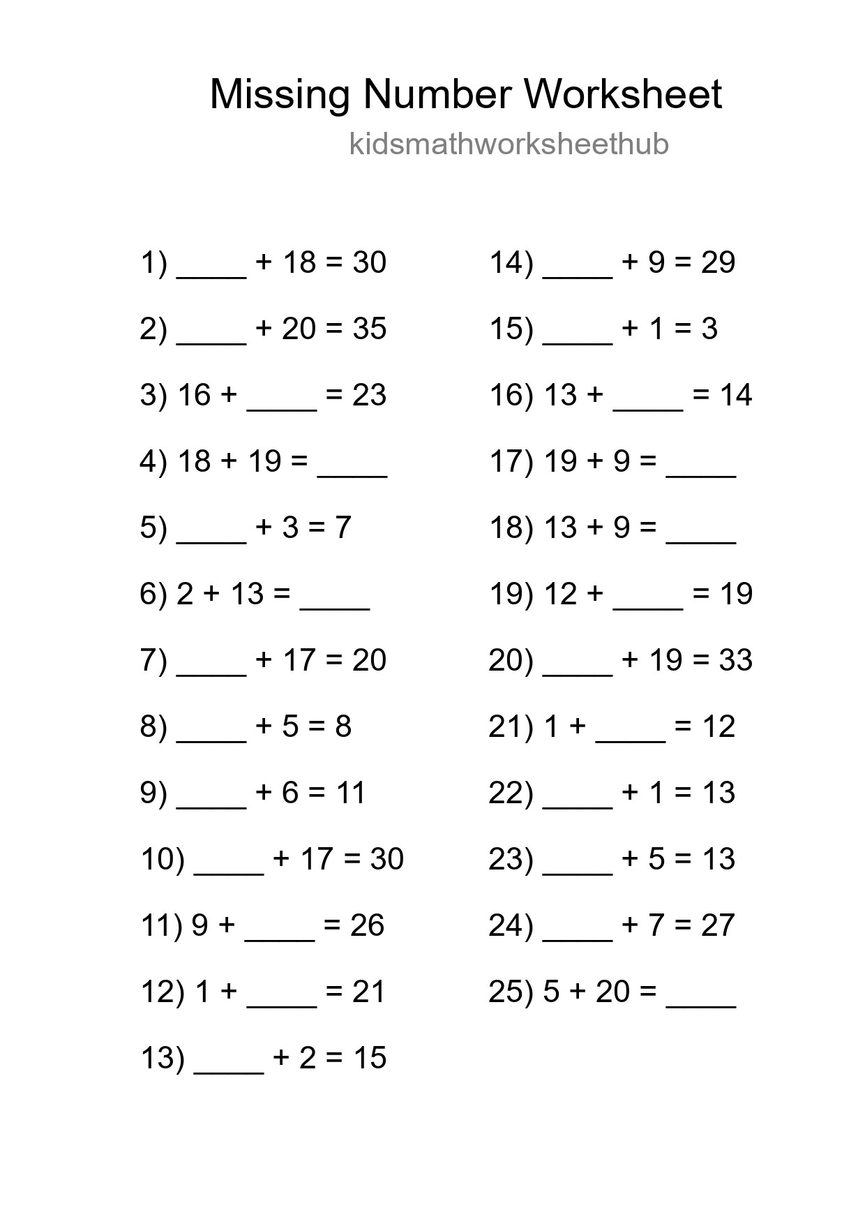 Missing Number Math Worksheet