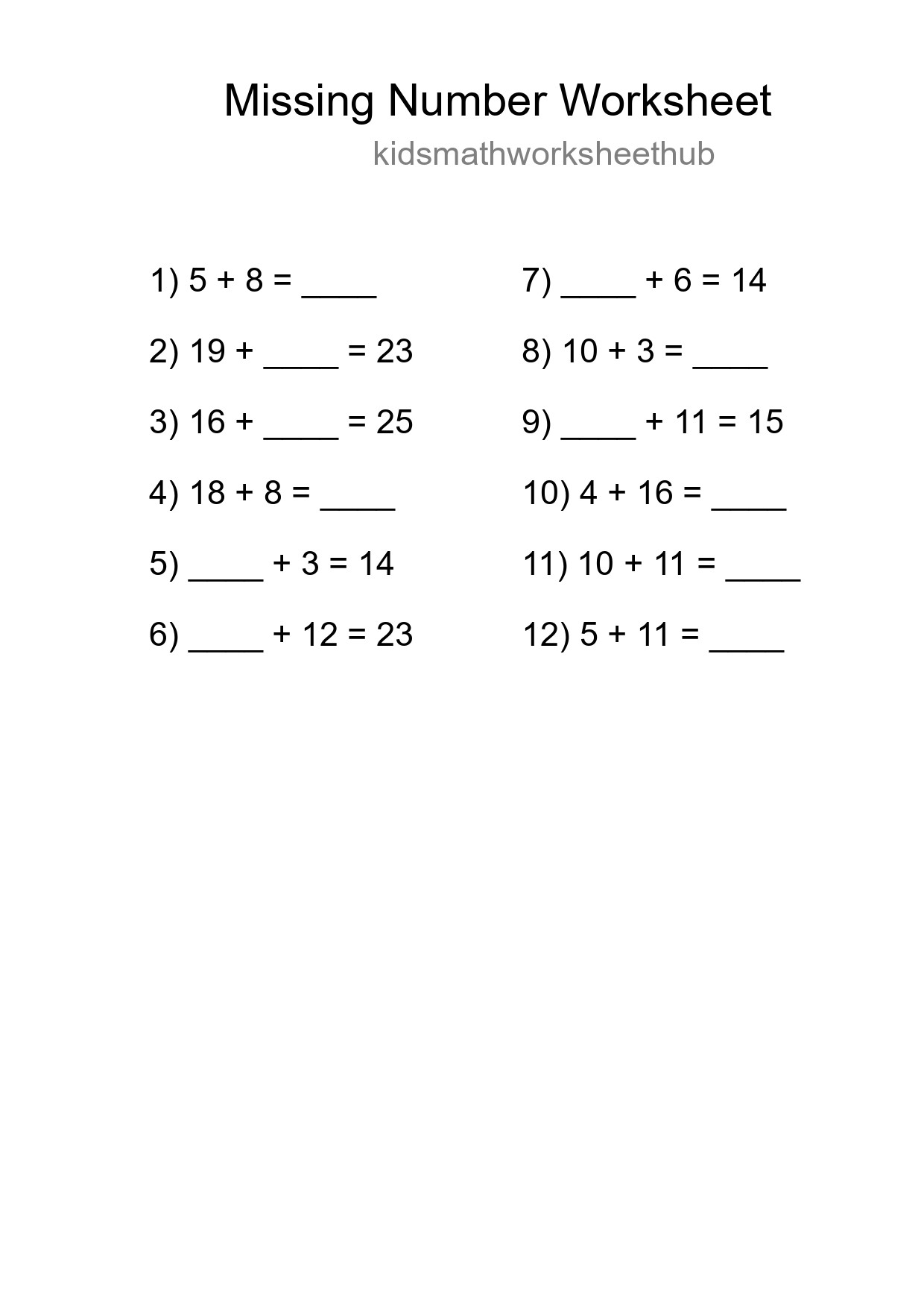 Missing Number Math Worksheet