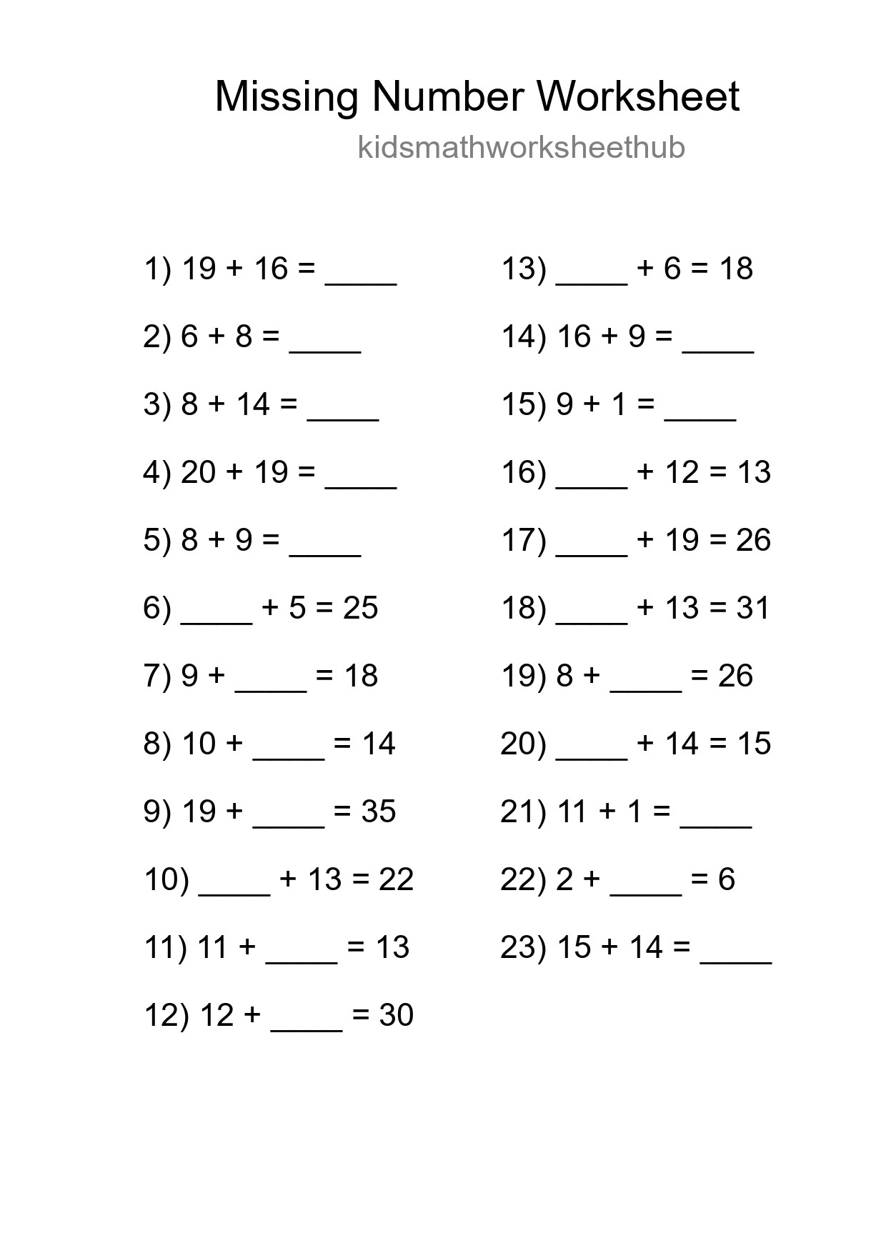 Missing Number Math Worksheet