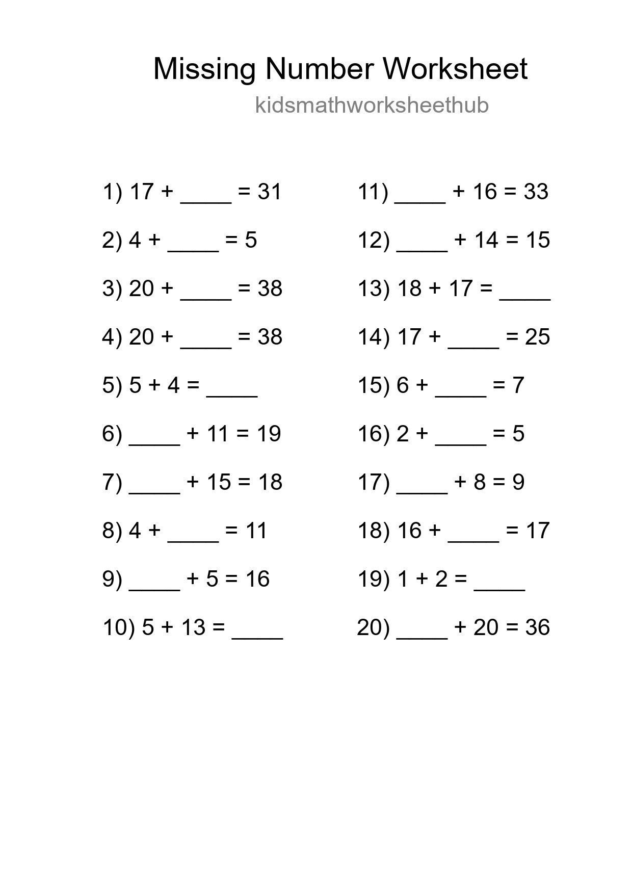 Missing Number Math Worksheet