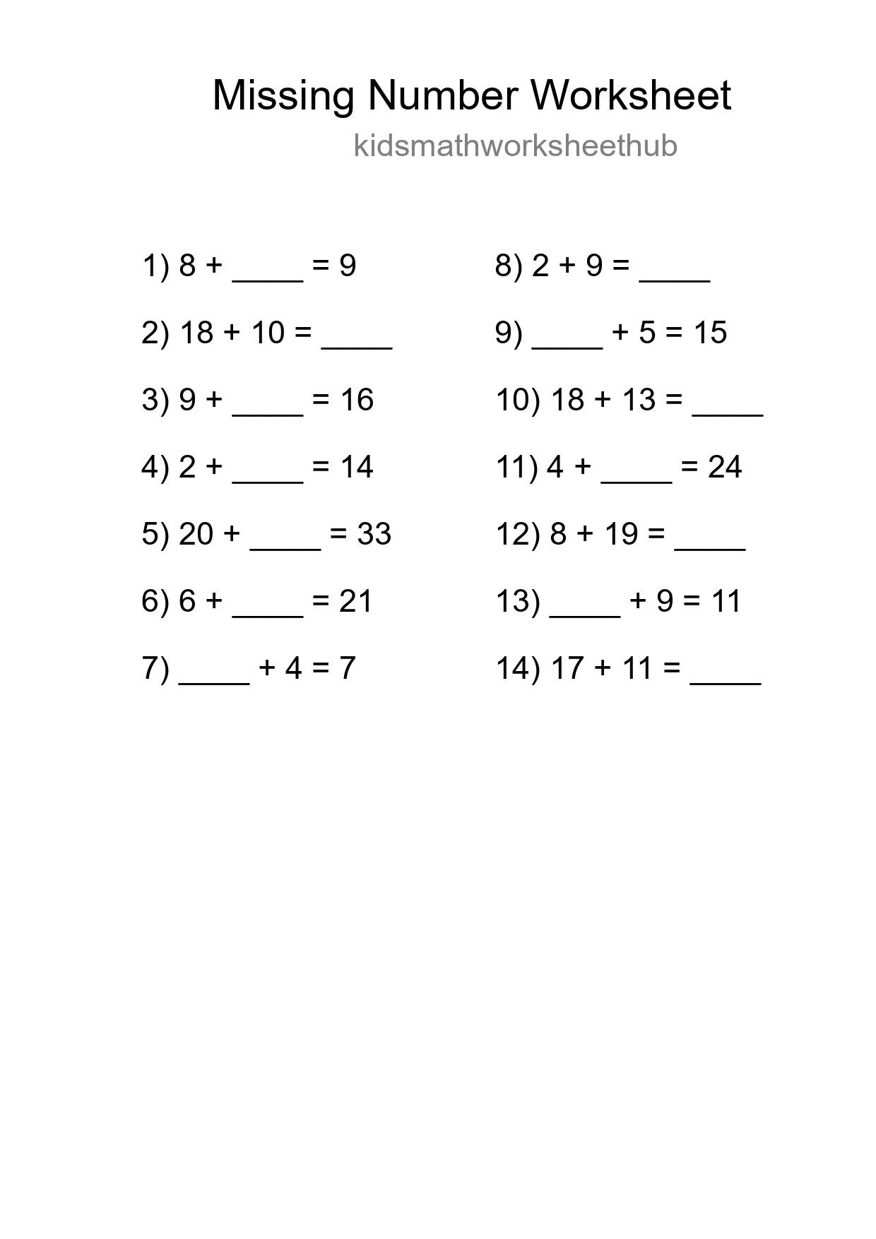 Missing Number Math Worksheet
