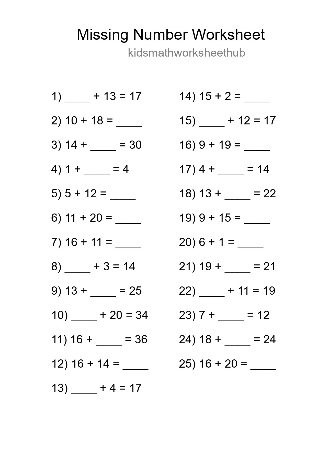Missing Number Math Worksheet