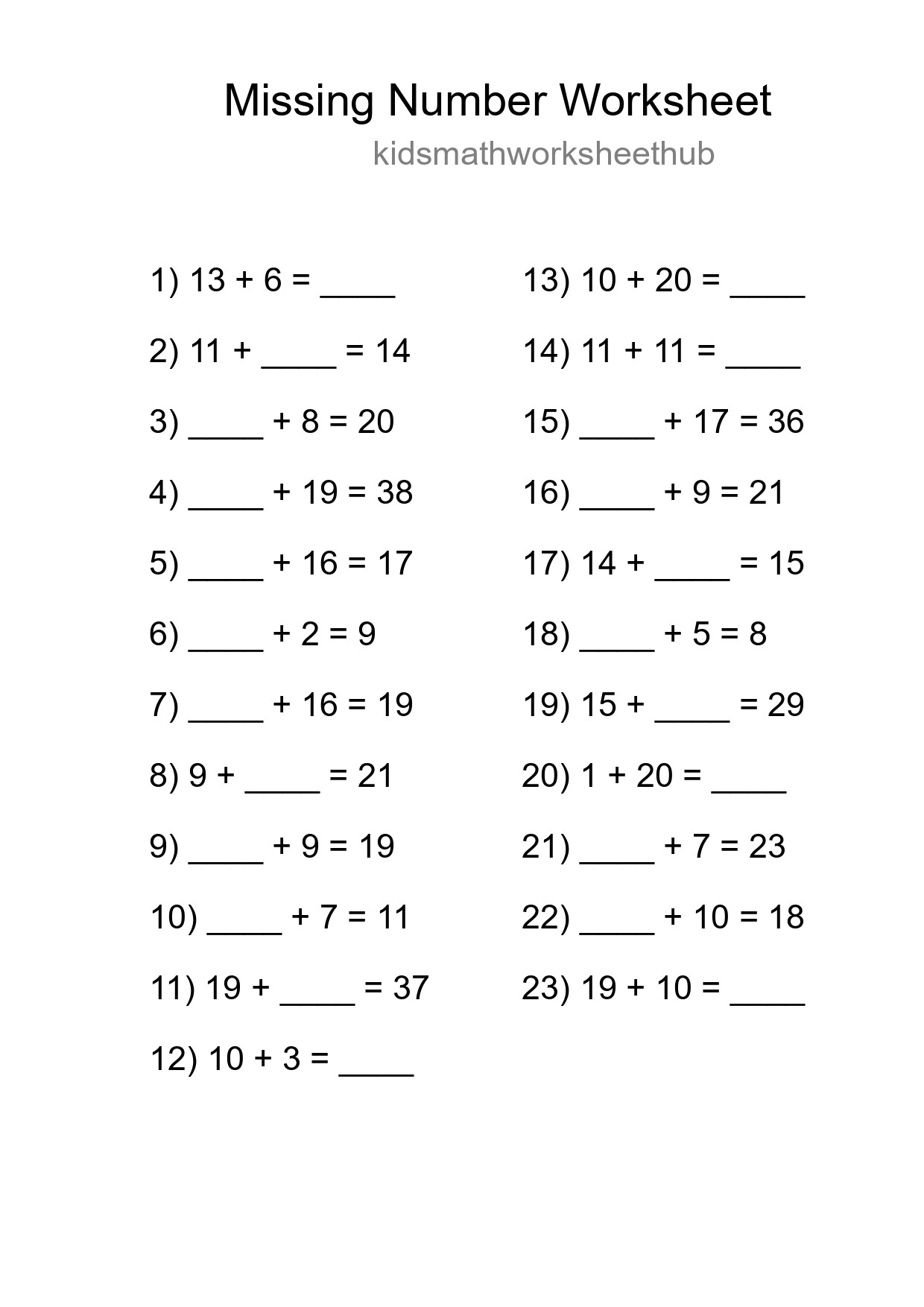 Missing Number Math Worksheet