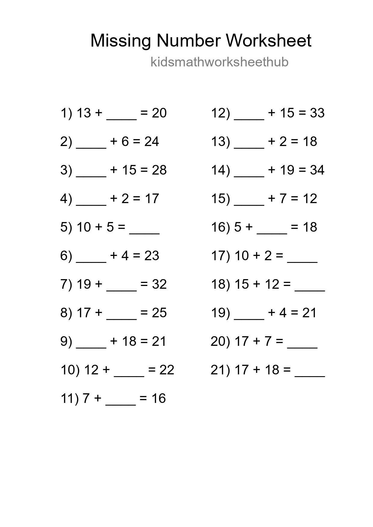 Missing Number Math Worksheet