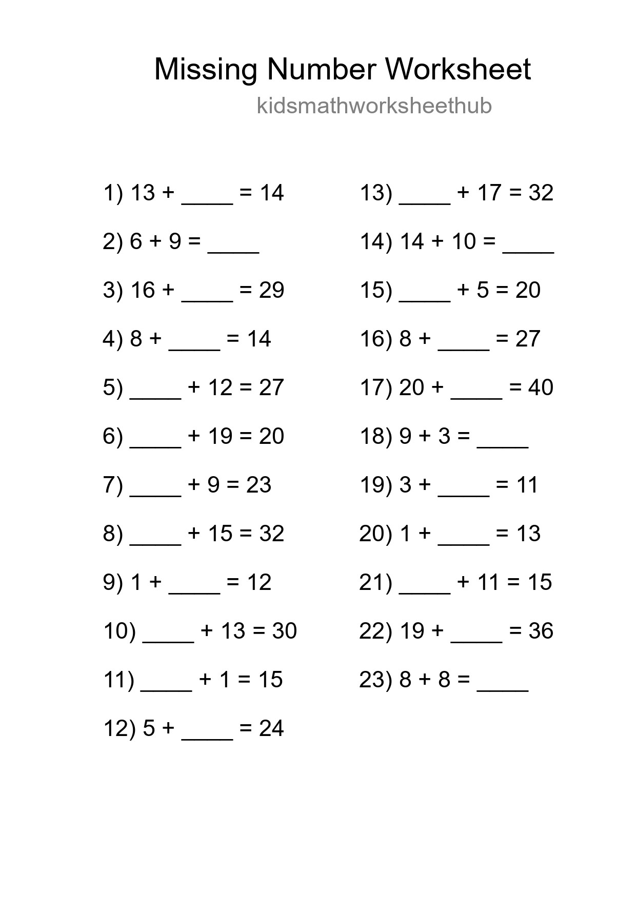 Missing Number Math Worksheet