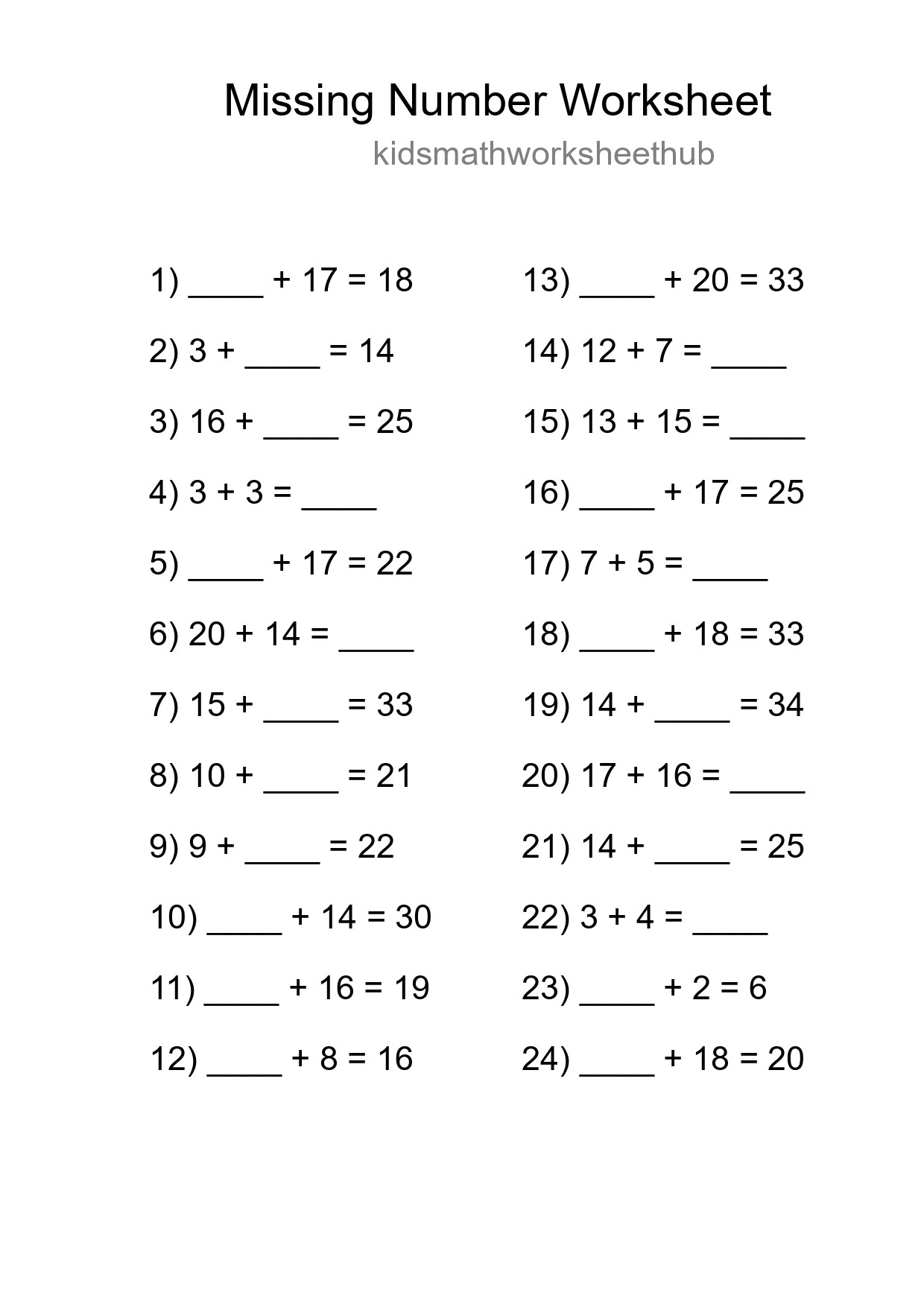 Missing Number Math Worksheet