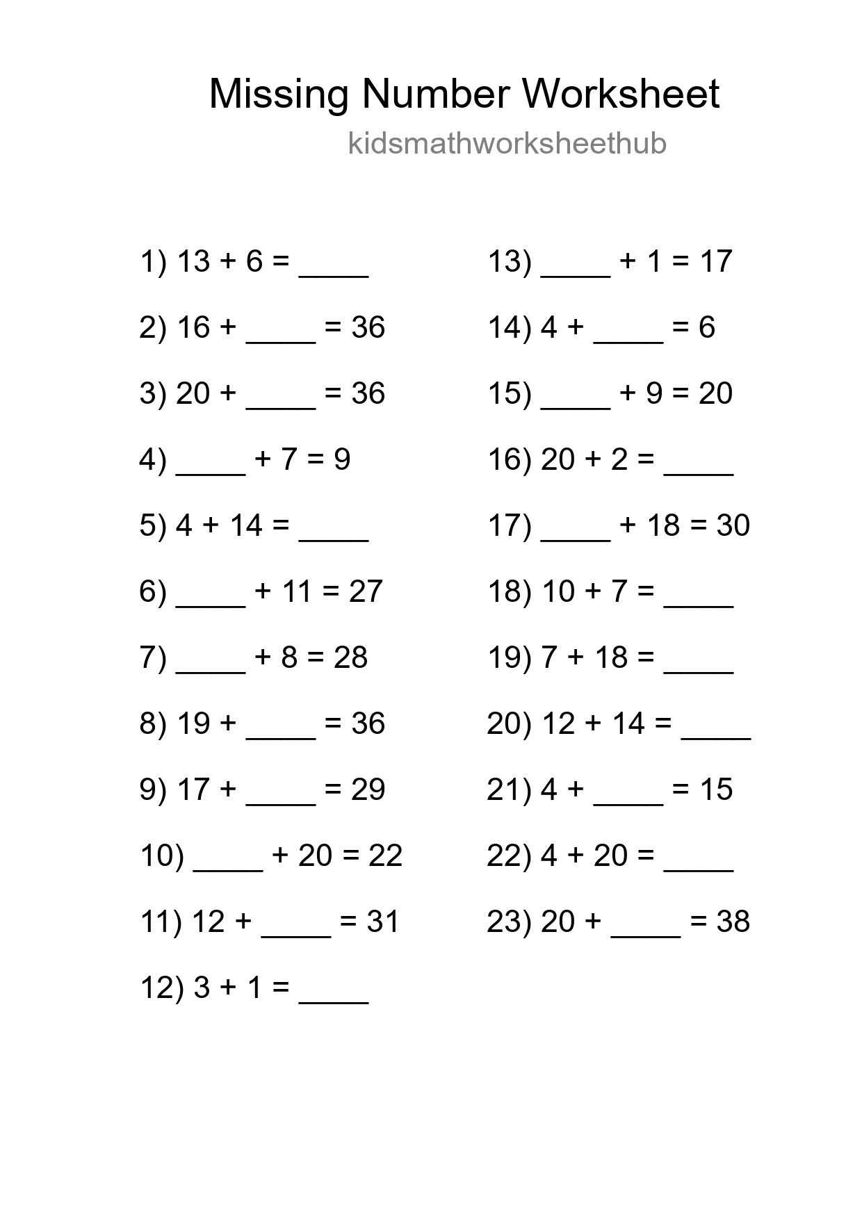 Missing Number Math Worksheet
