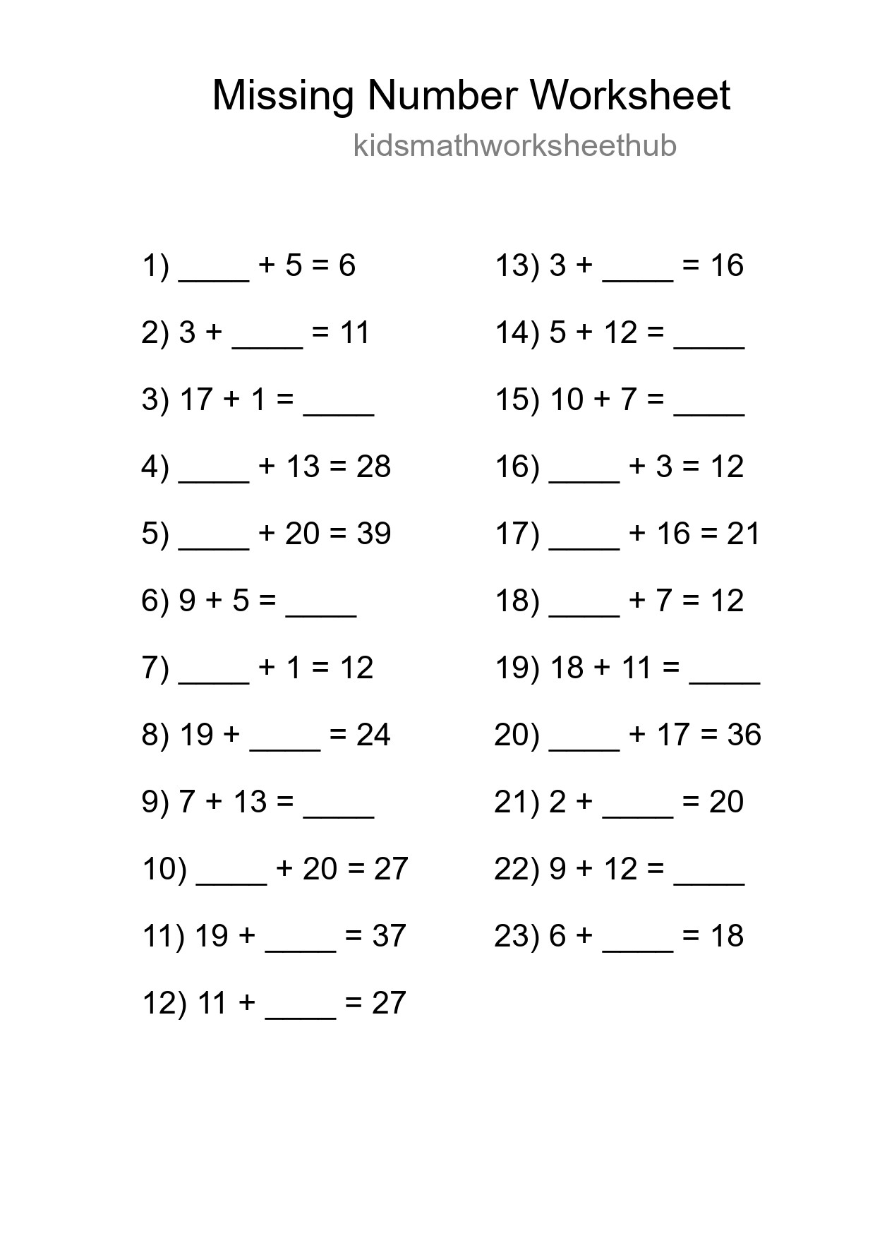 Missing Number Math Worksheet