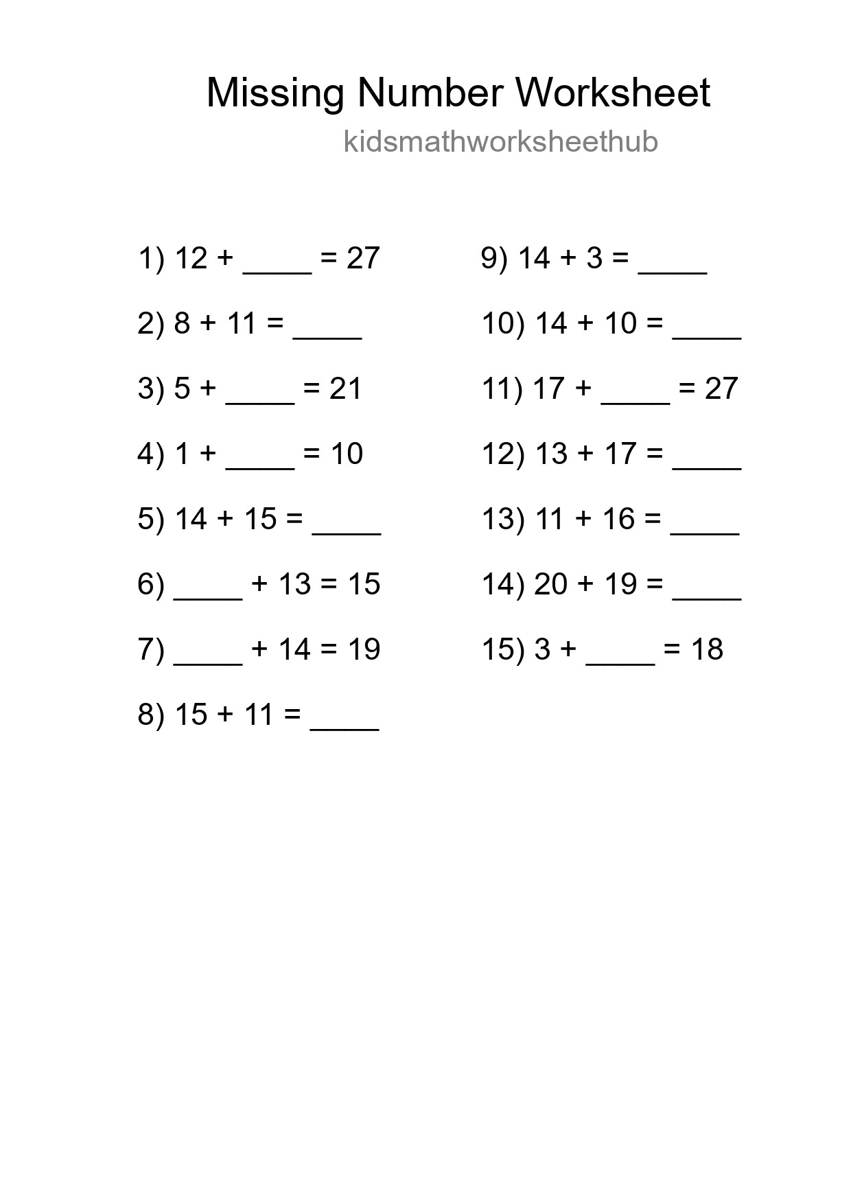 Missing Number Math Worksheet