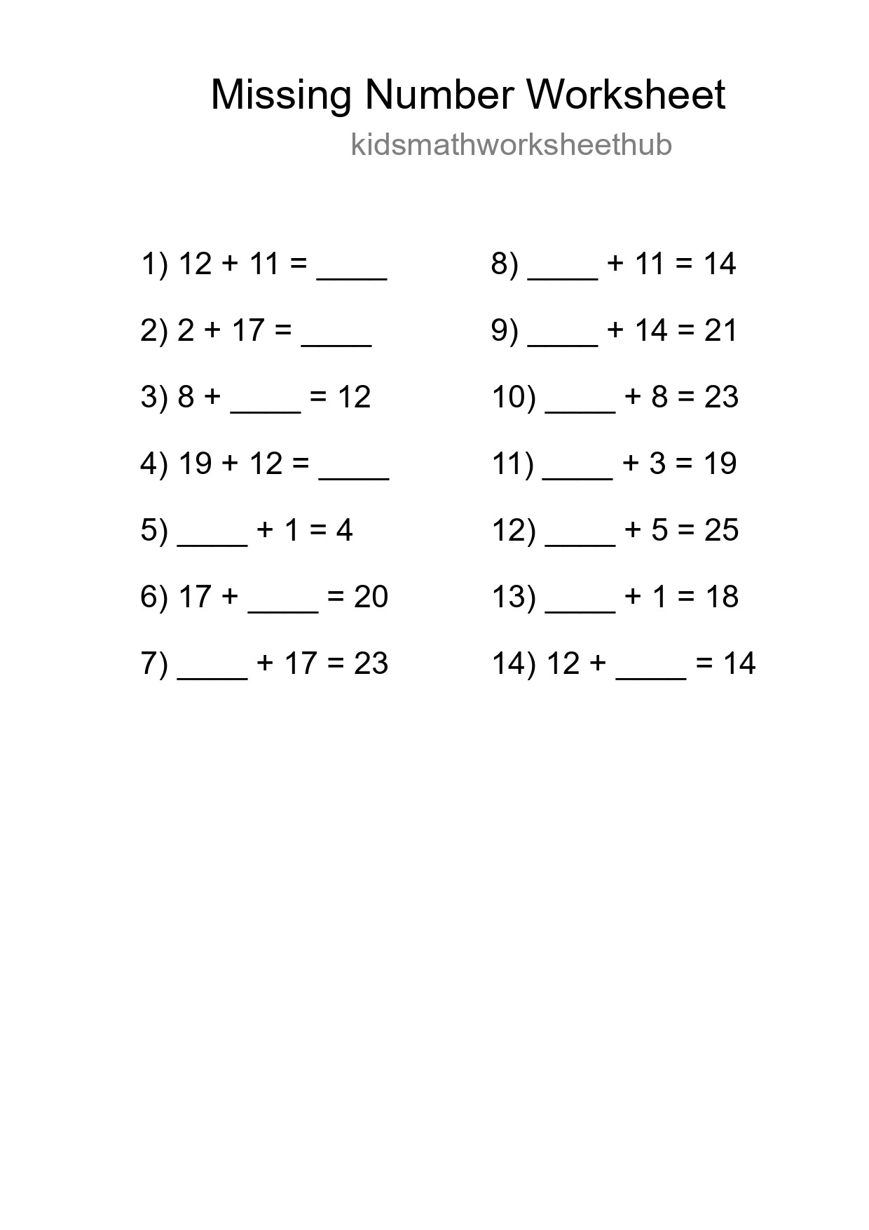 Missing Number Math Worksheet