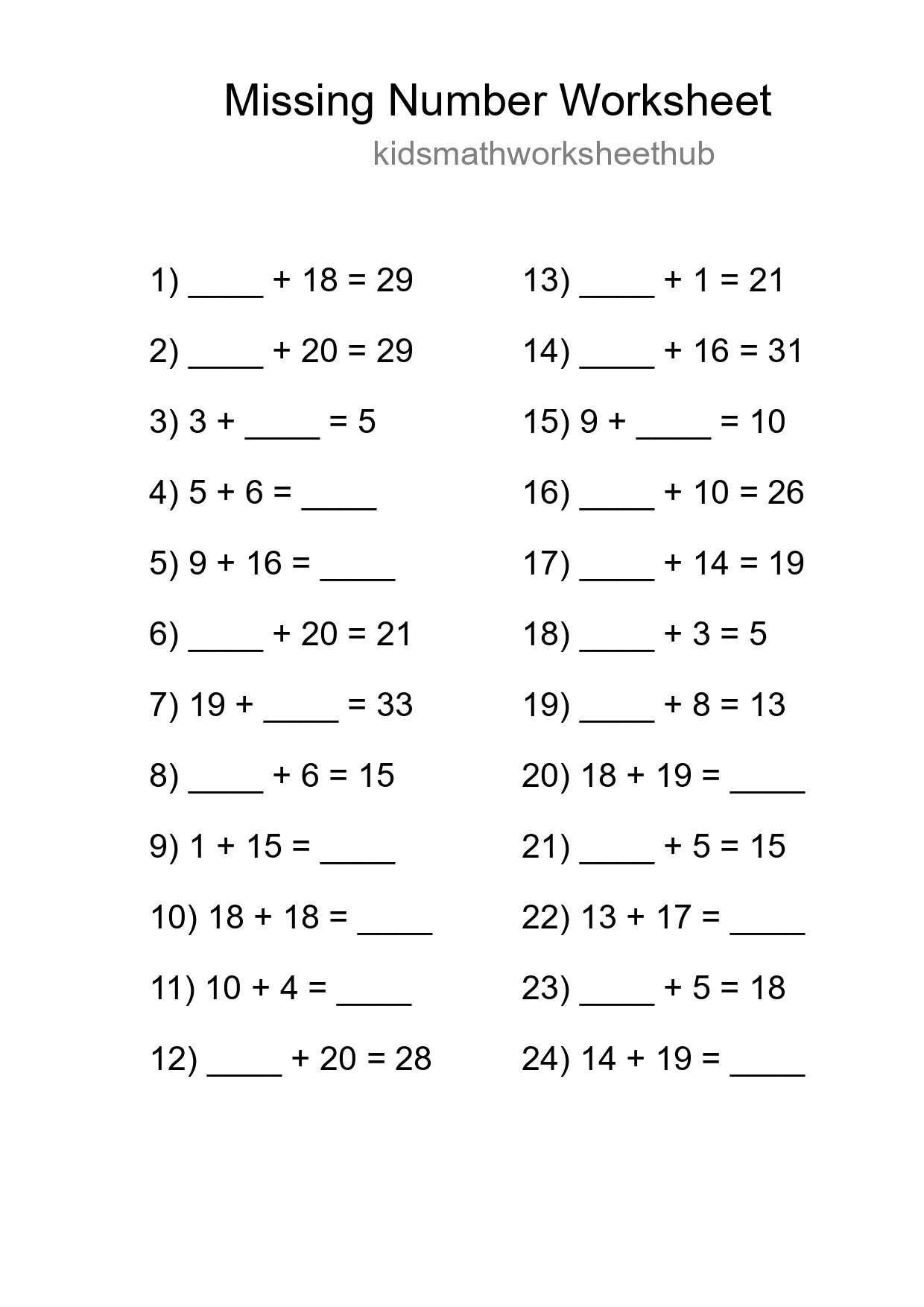 Missing Number Math Worksheet