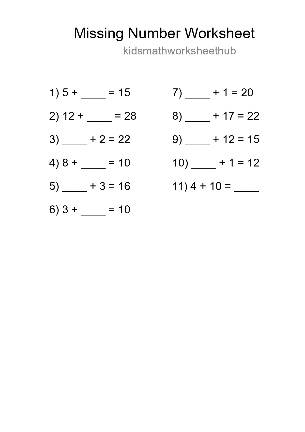 Missing Number Math Worksheet