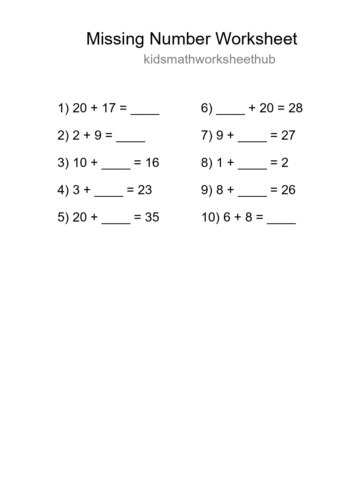 Missing Number Math Worksheet
