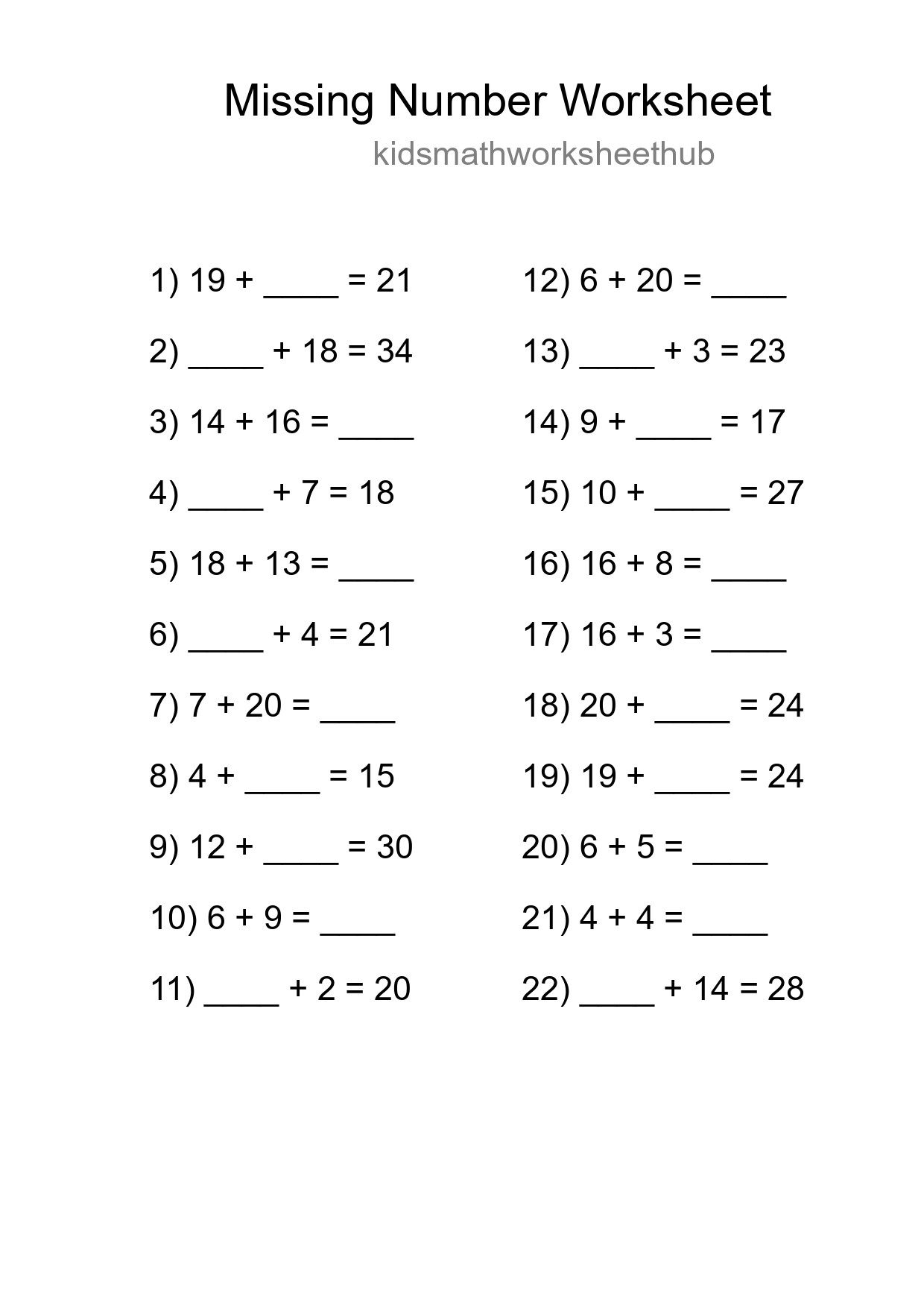 Missing Number Math Worksheet