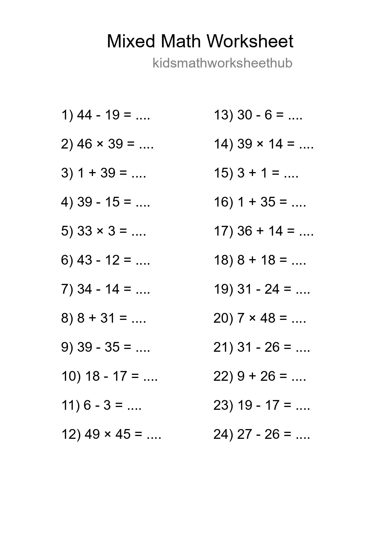 Mixed Operations Math Worksheet