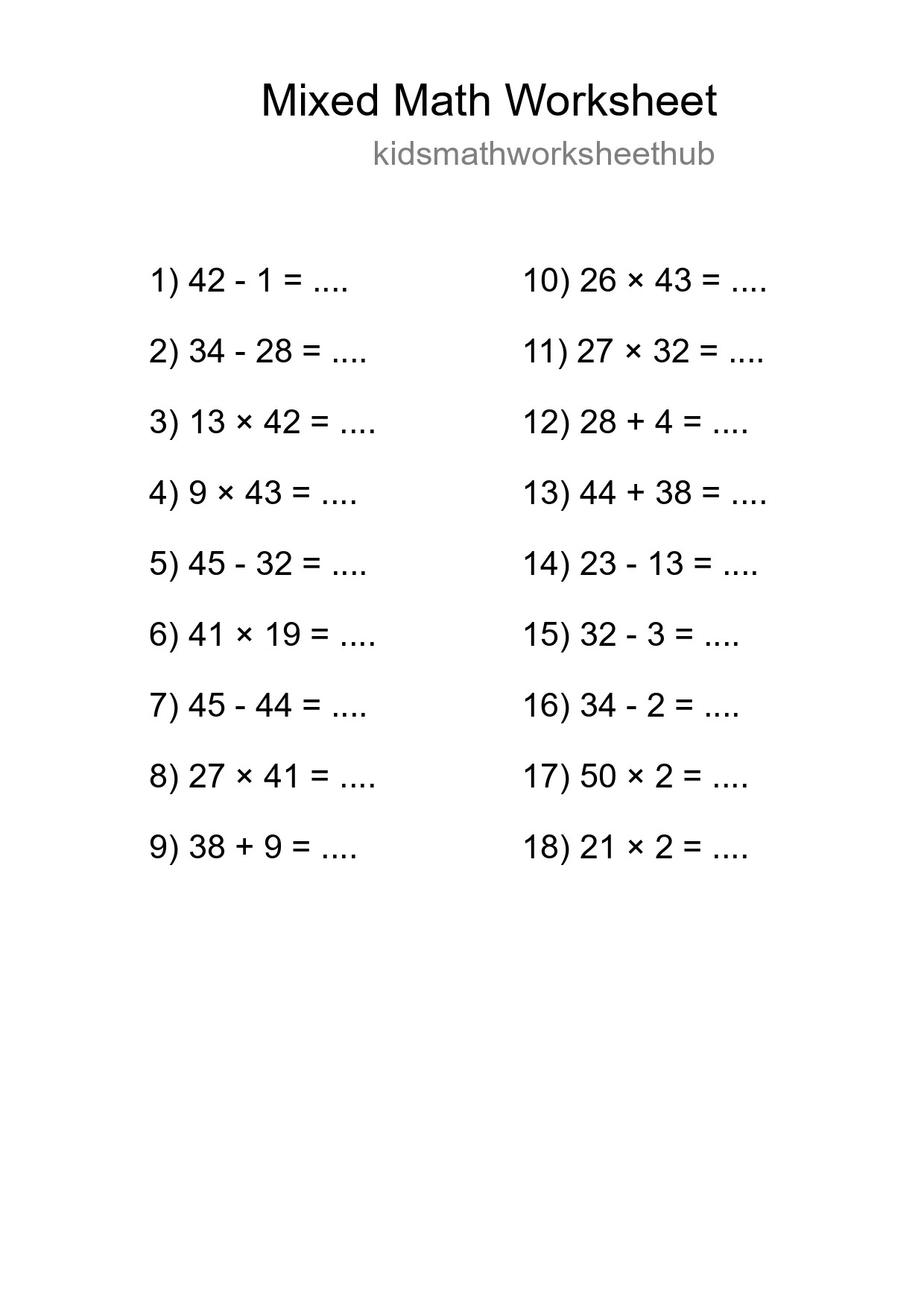 Mixed Operations Math Worksheet