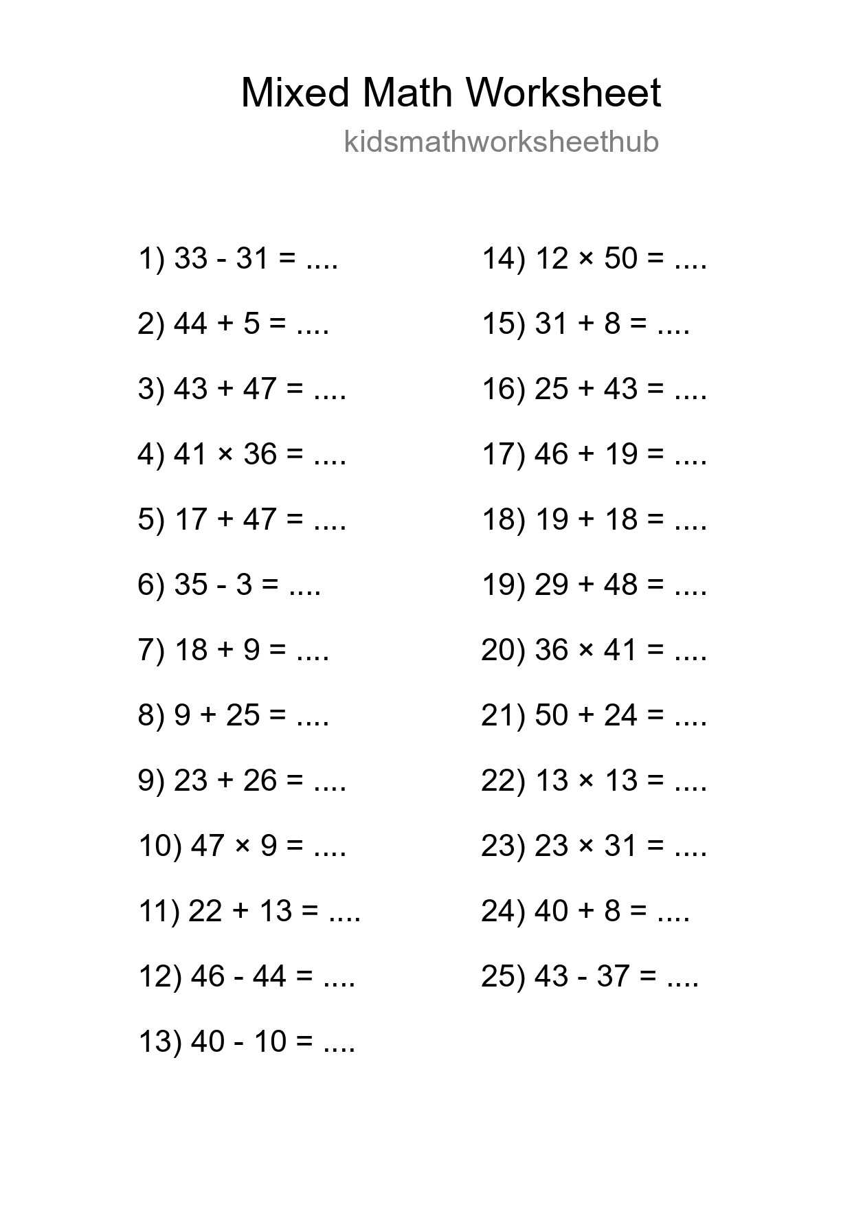Mixed Operations Math Worksheet
