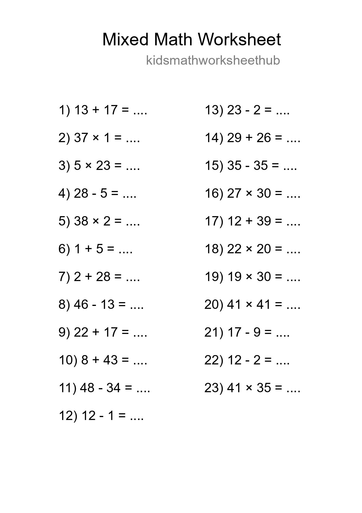 Mixed Operations Math Worksheet
