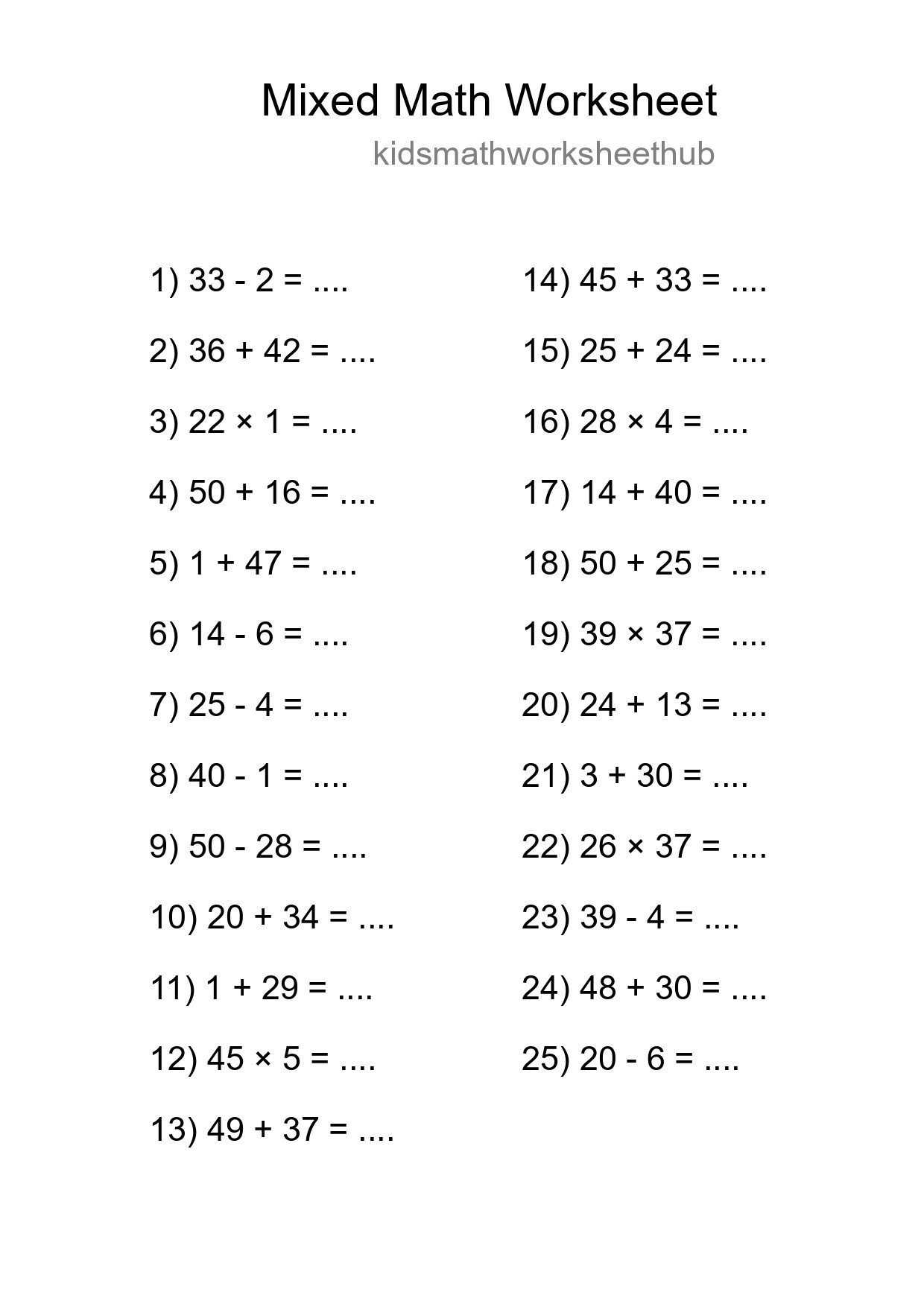 Mixed Operations Math Worksheet
