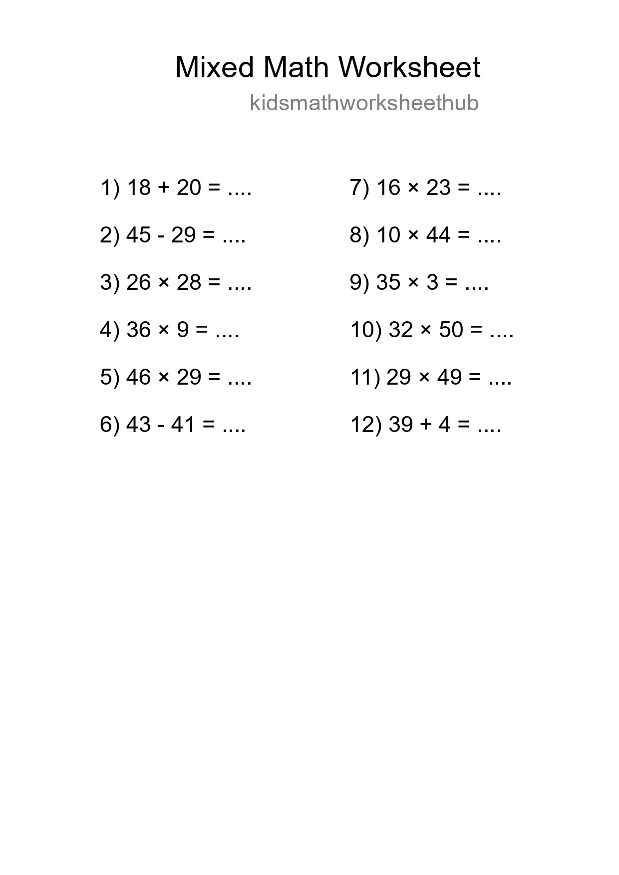 Mixed Operations Math Worksheet