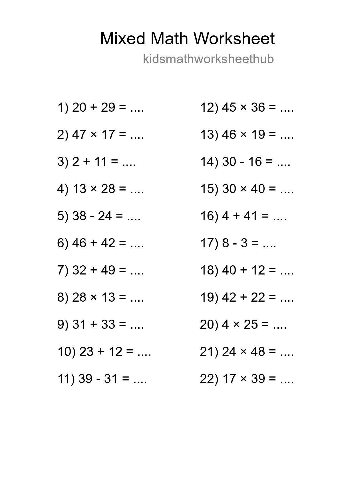 Mixed Operations Math Worksheet
