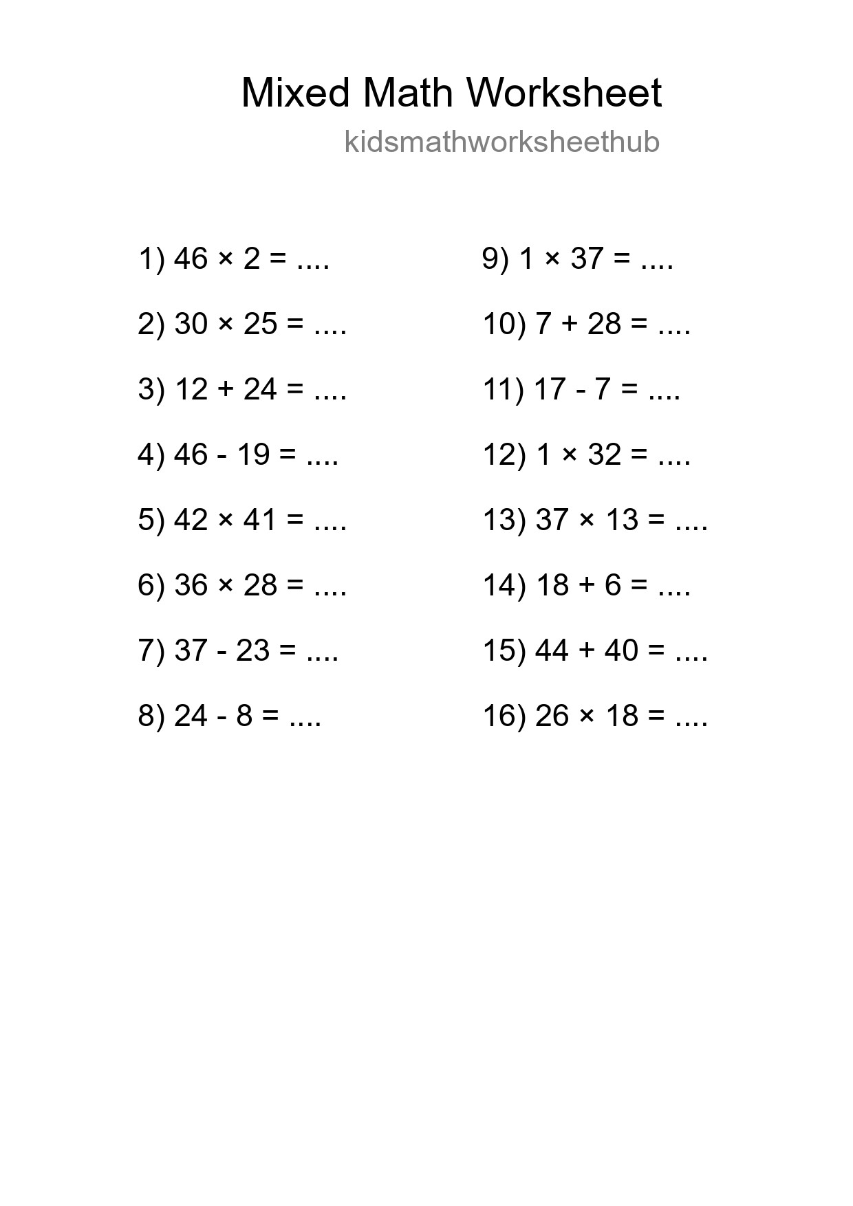 Mixed Operations Math Worksheet