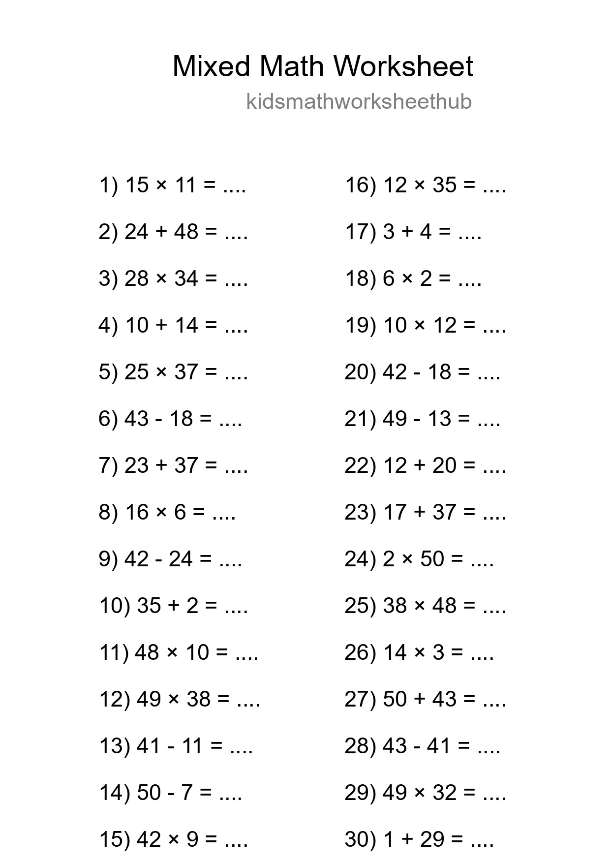 Mixed Operations Math Worksheet