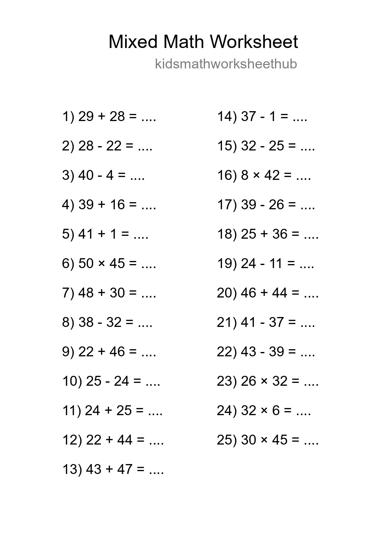 Mixed Operations Math Worksheet