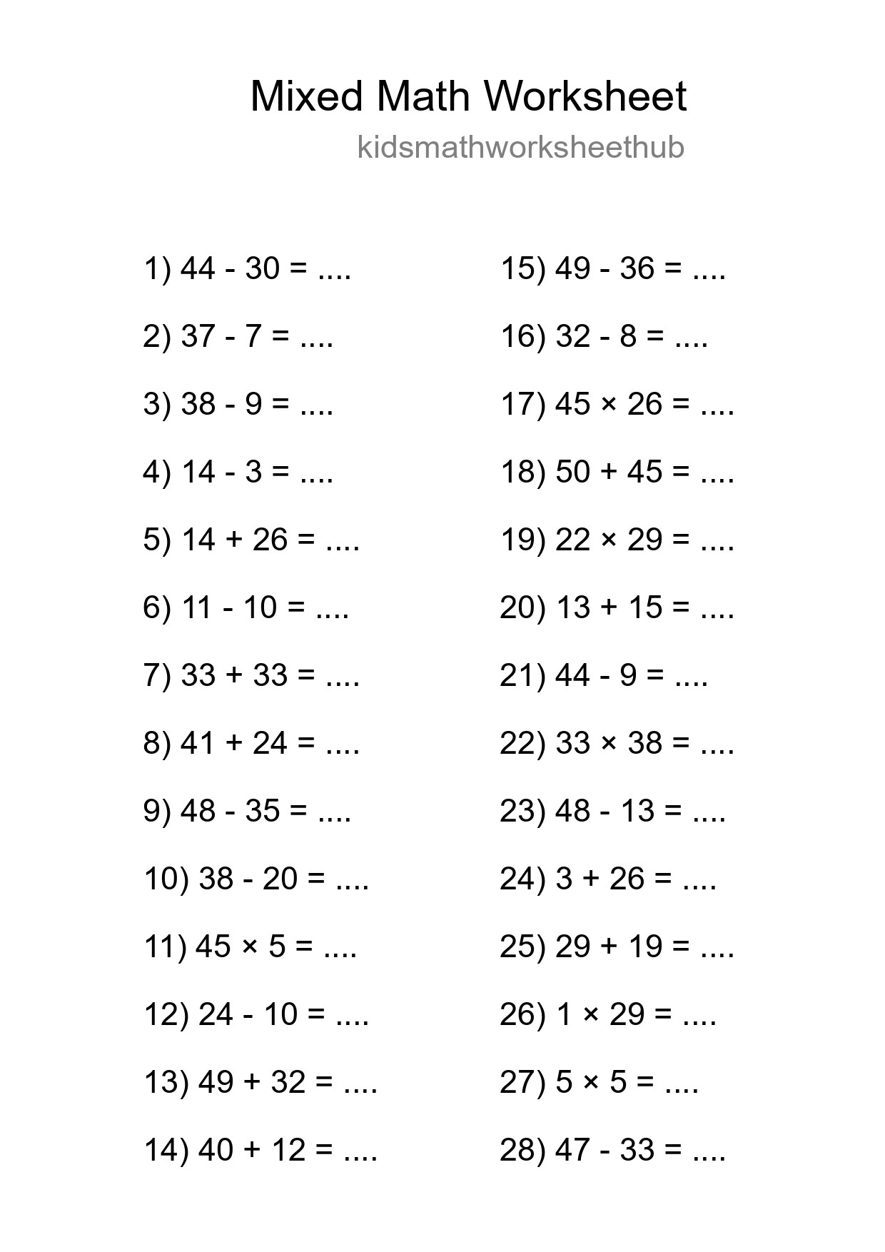 Mixed Operations Math Worksheet