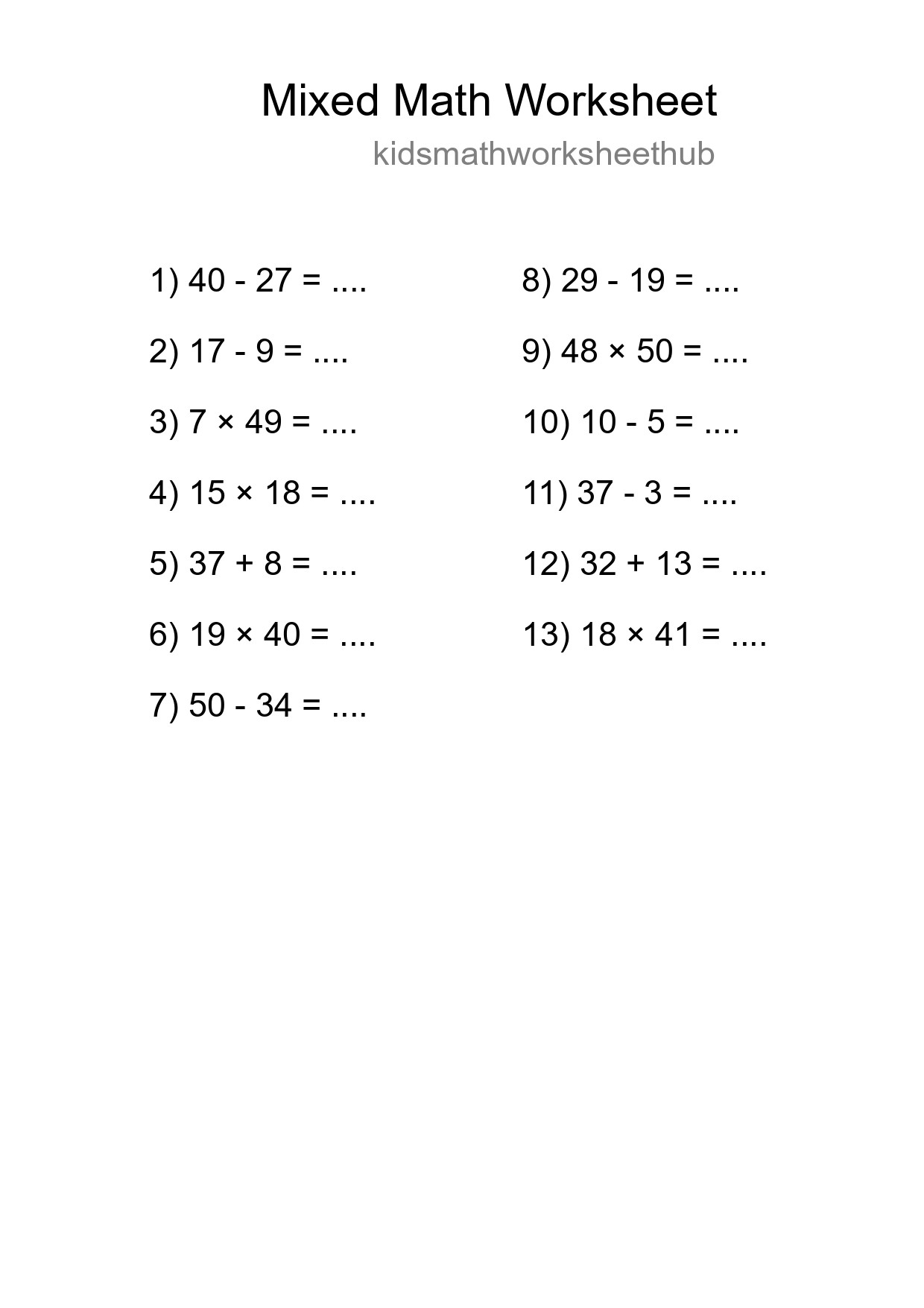 Mixed Operations Math Worksheet