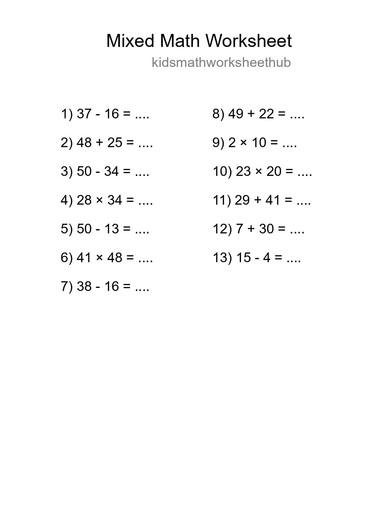 Mixed Operations Math Worksheet