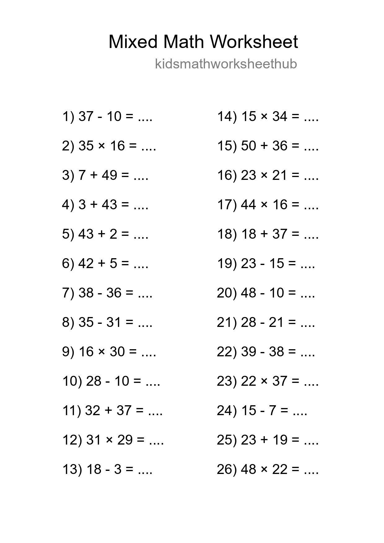 Mixed Operations Math Worksheet