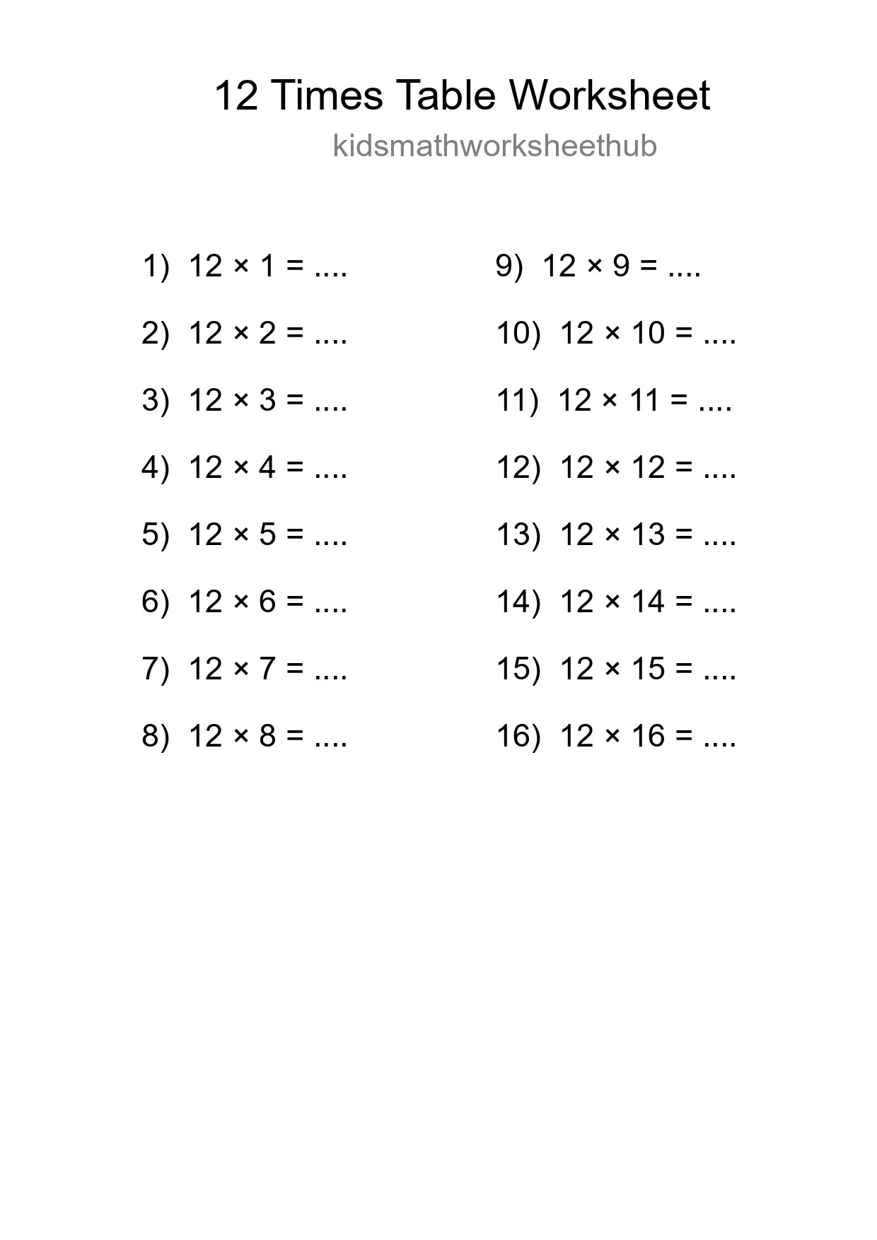 Printable 12 Times Table Worksheet For Grade 4 - Part 229