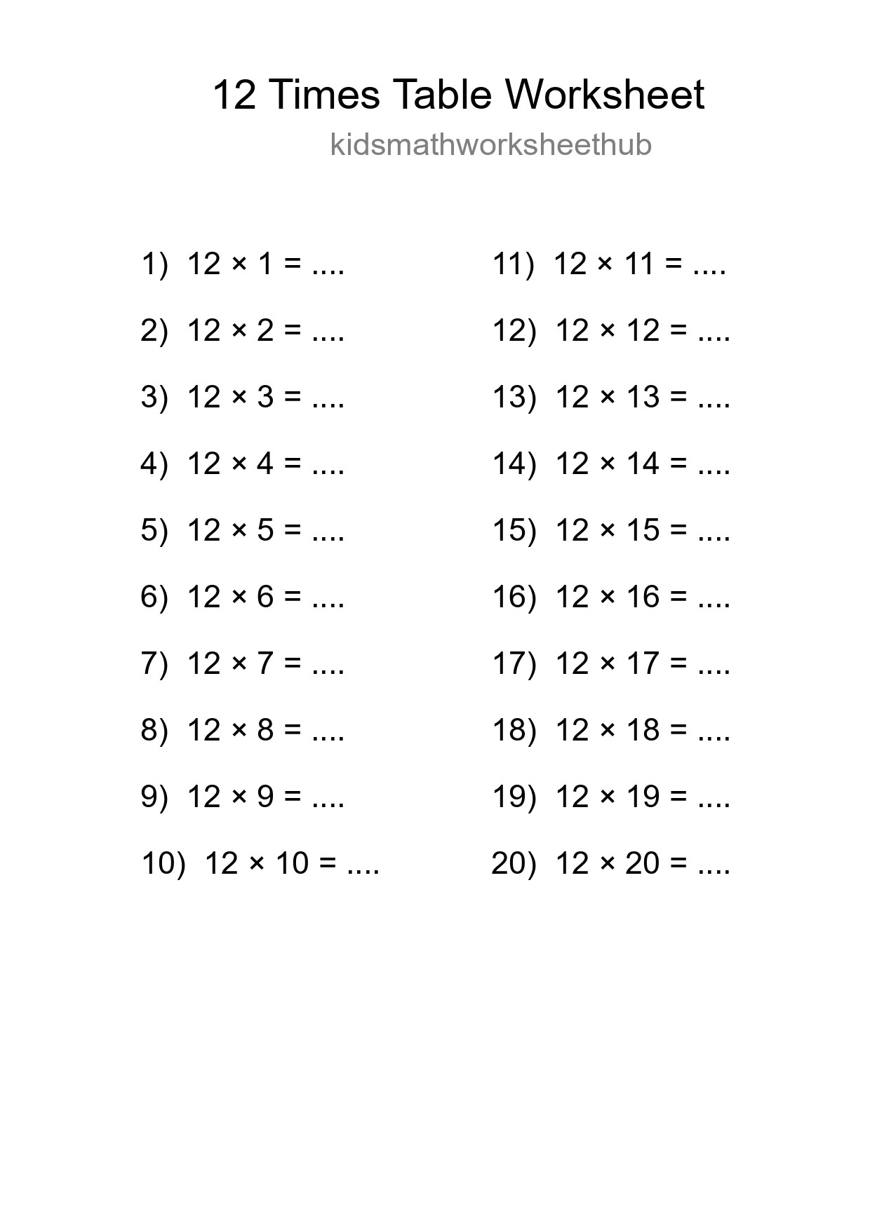Printable 12 Times Table Worksheet For Grade 4 - Part 42