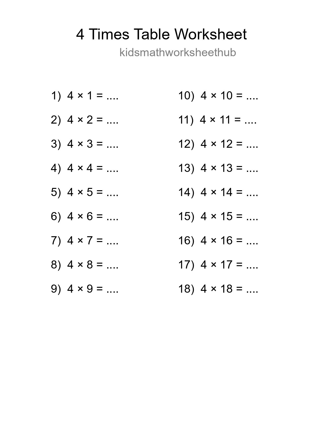 Printable 4 Times Table Worksheet For Grade 2 - Part 130