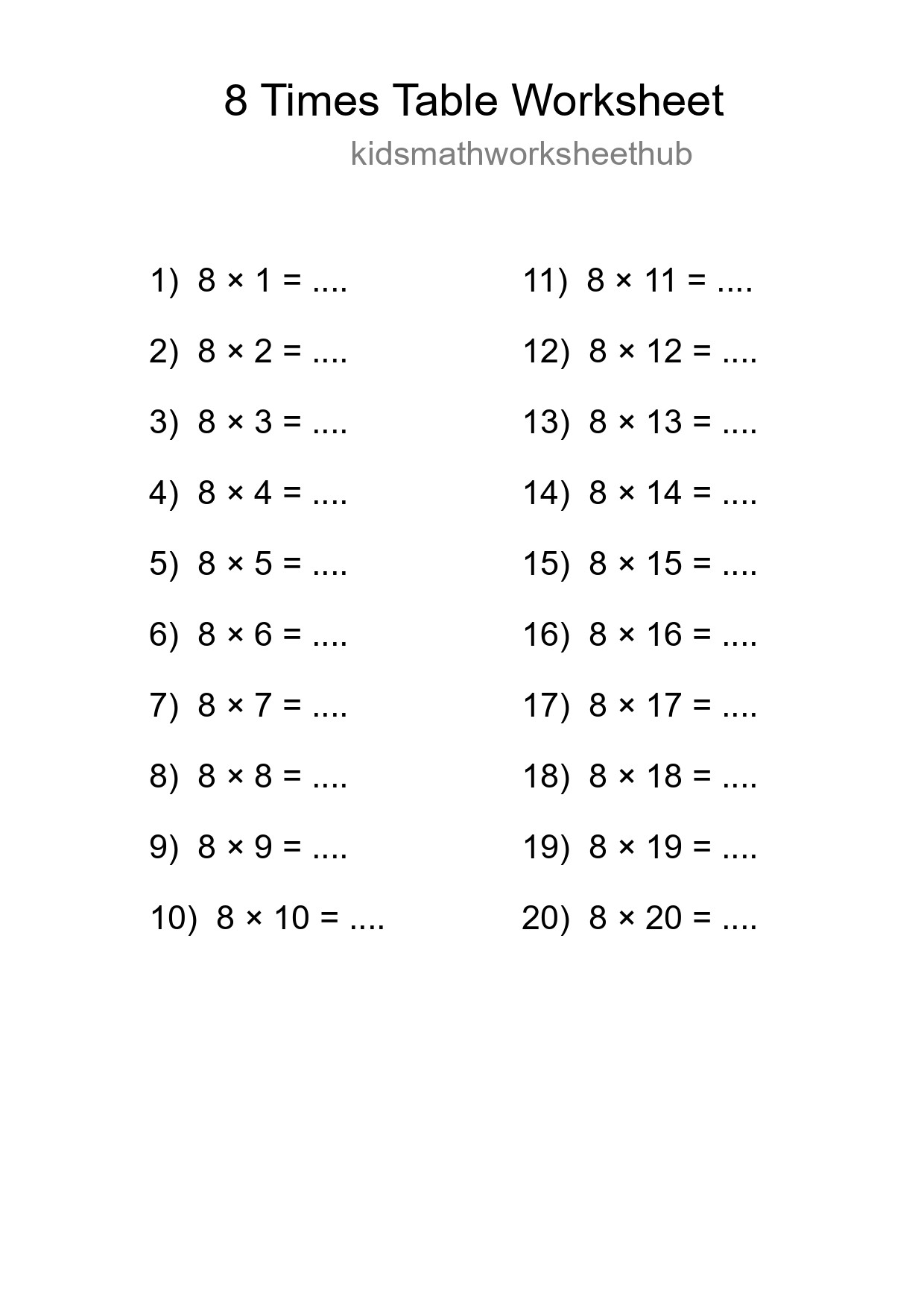 Printable 8 Times Table Worksheet For Grade 3 - Part 31