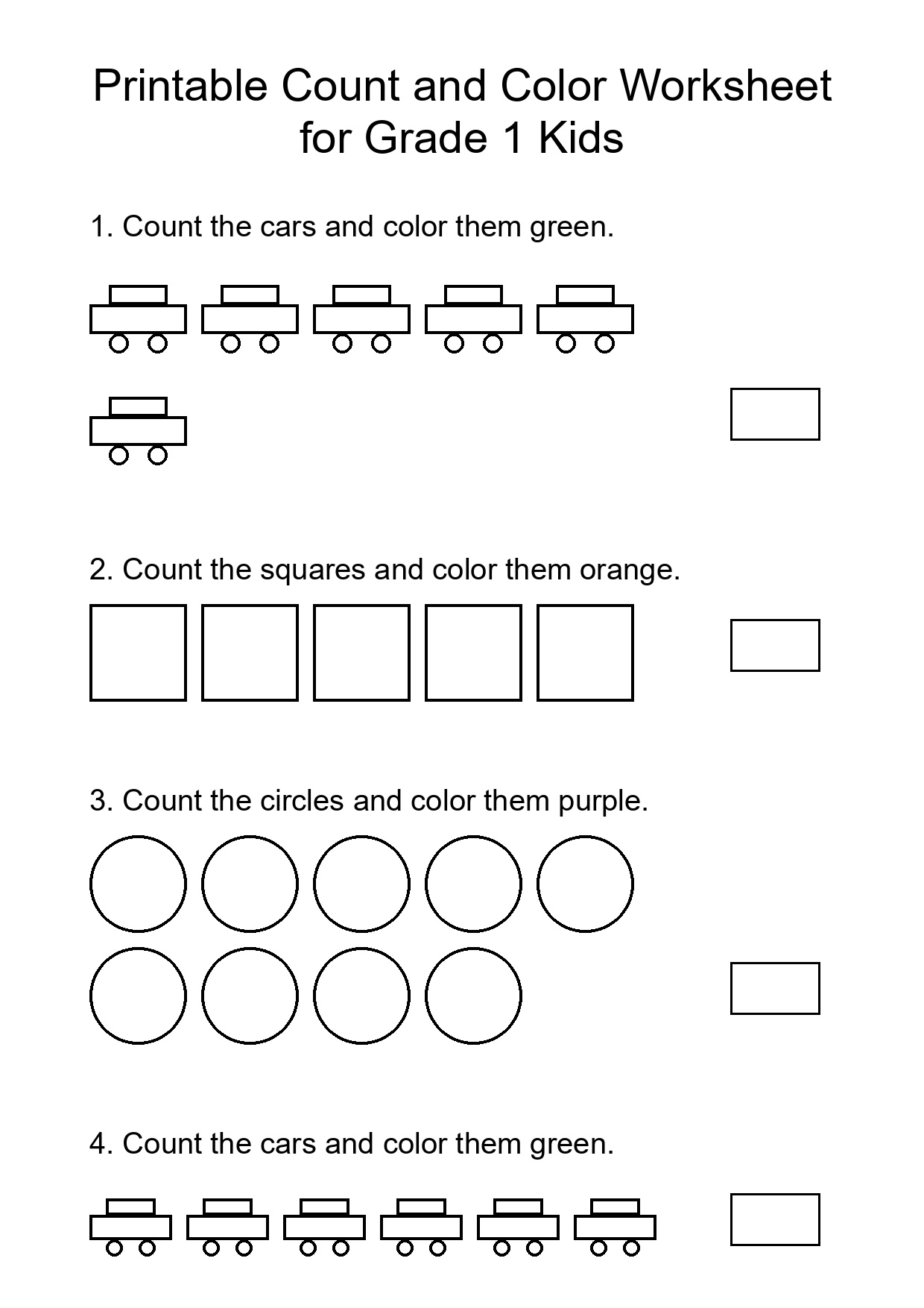 Printable Count and Color Worksheet for Grade 1 Kids