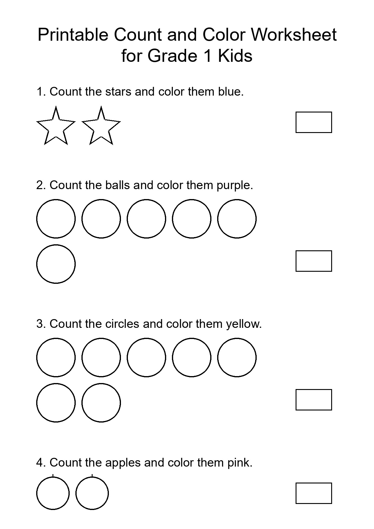 Printable Count and Color Worksheet for Grade 1 Kids