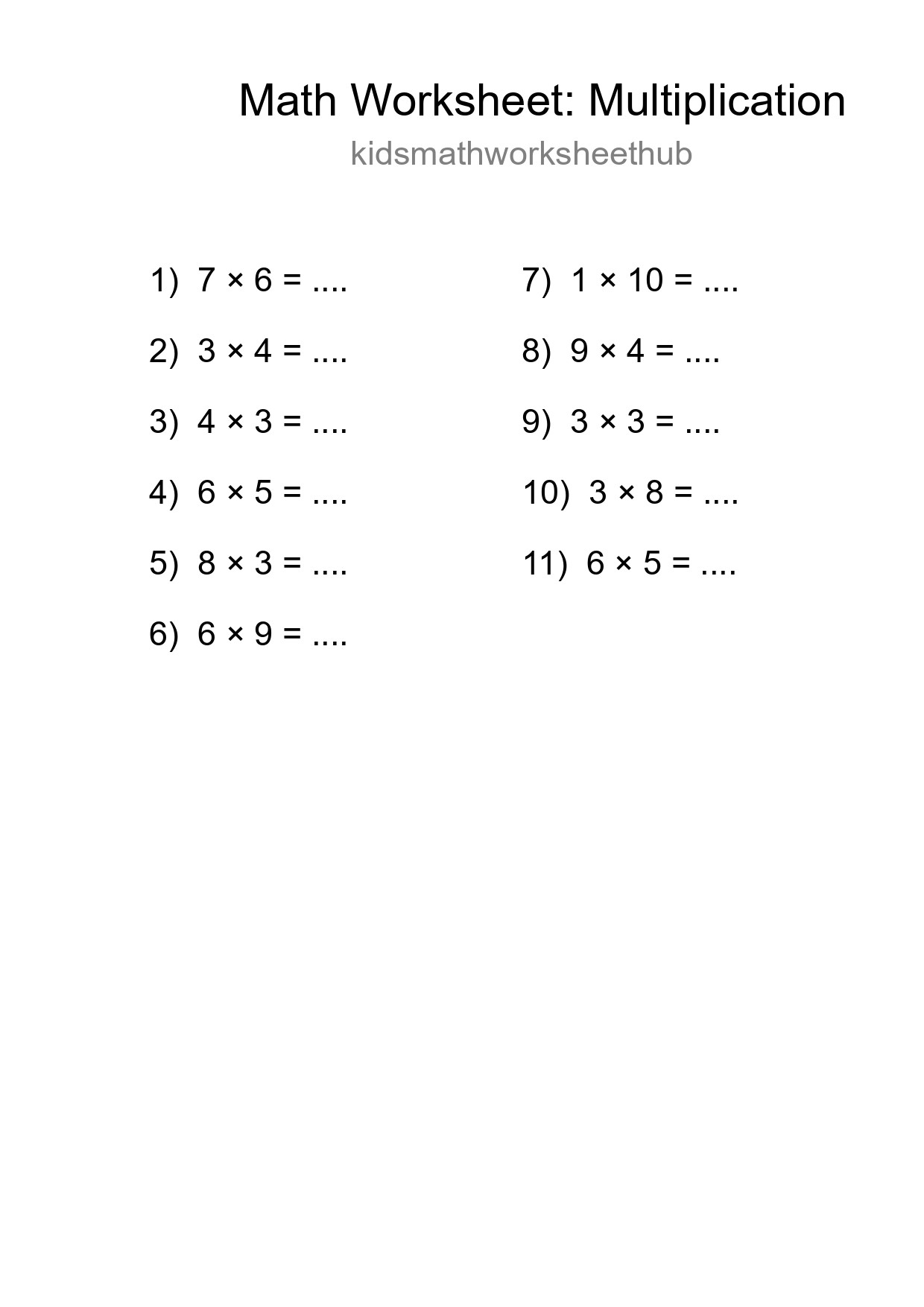 Printable Free 11 Multiplication Math Worksheet For Grade 1 - Part 172