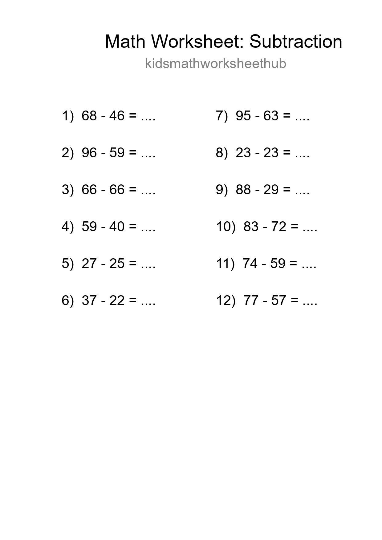 Printable Free 12 Subtraction Math Worksheet For Grade 3 - Part 19
