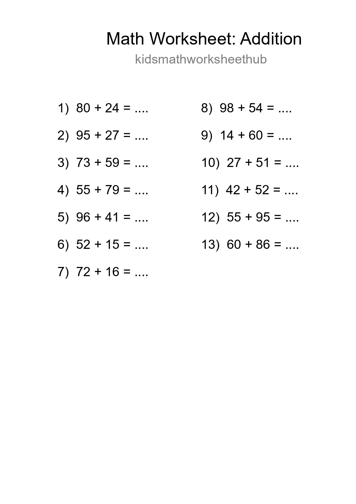 Printable Free 13 Addition Math Worksheet For Grade 3 - Part 243