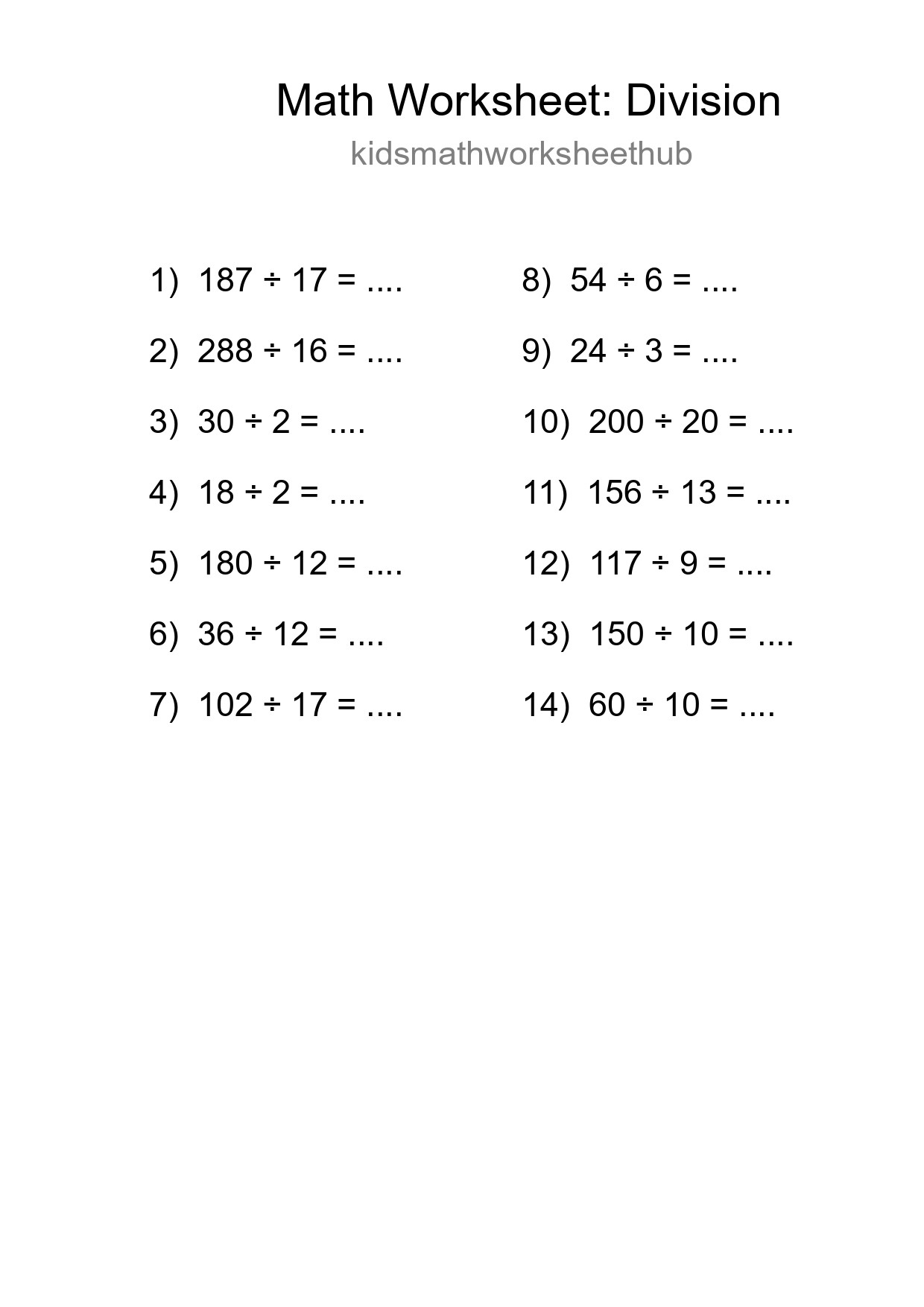 Printable Free 14 Division Math Worksheet For Grade 2 - Part 268