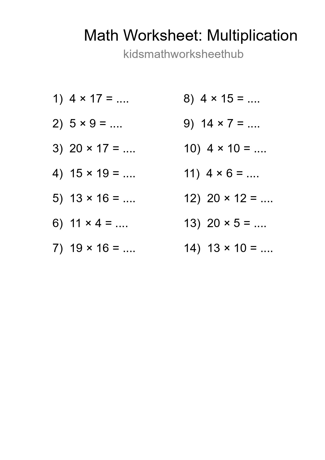 Printable Free 14 Multiplication Math Worksheet For Grade 2 - Part 205