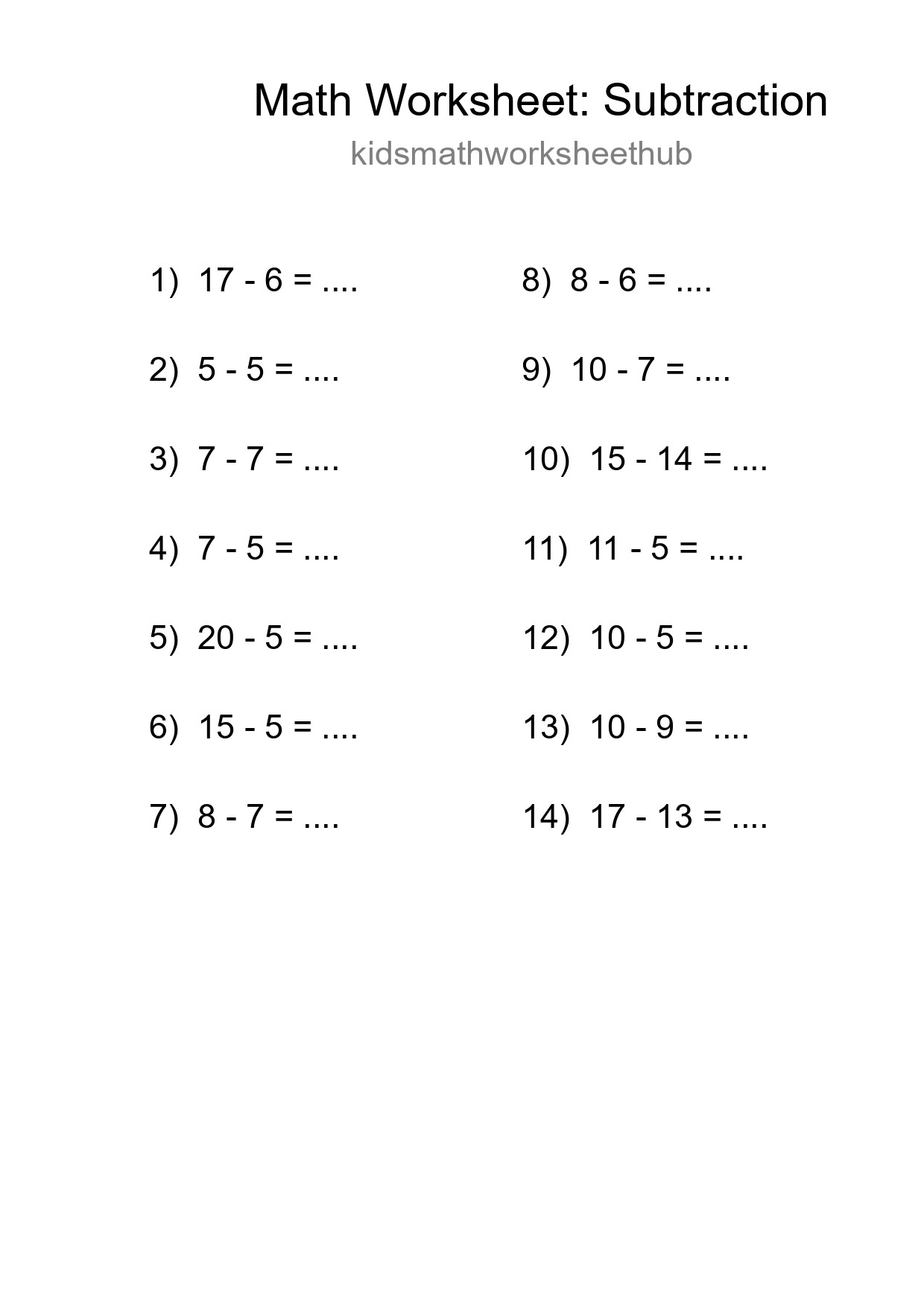 Printable Free 14 Subtraction Math Worksheet For Grade 2 - Part 96