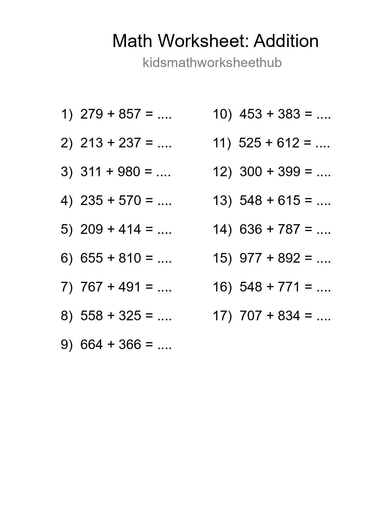Printable Free 17 Addition Math Worksheet For Grade 5 - Part 89
