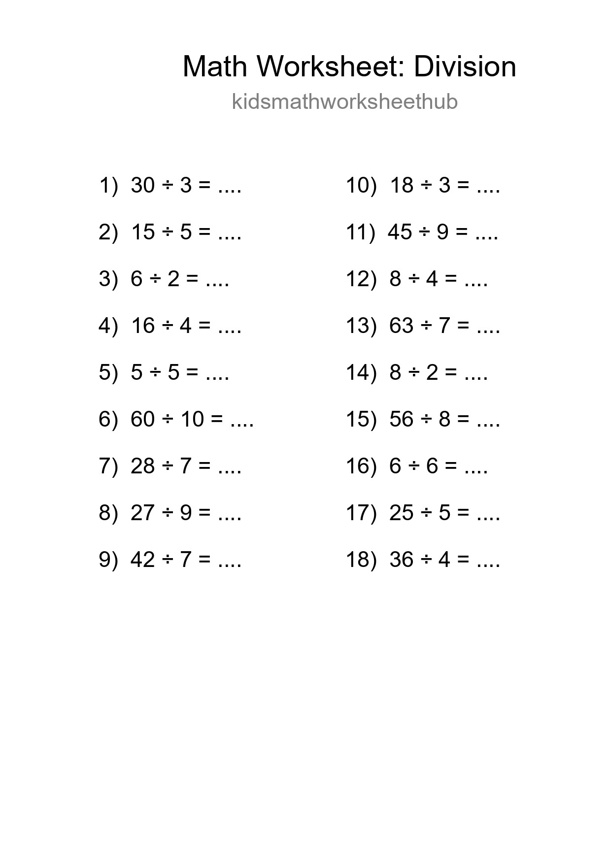 Printable Free 18 Division Math Worksheet For Grade 1 - Part 147