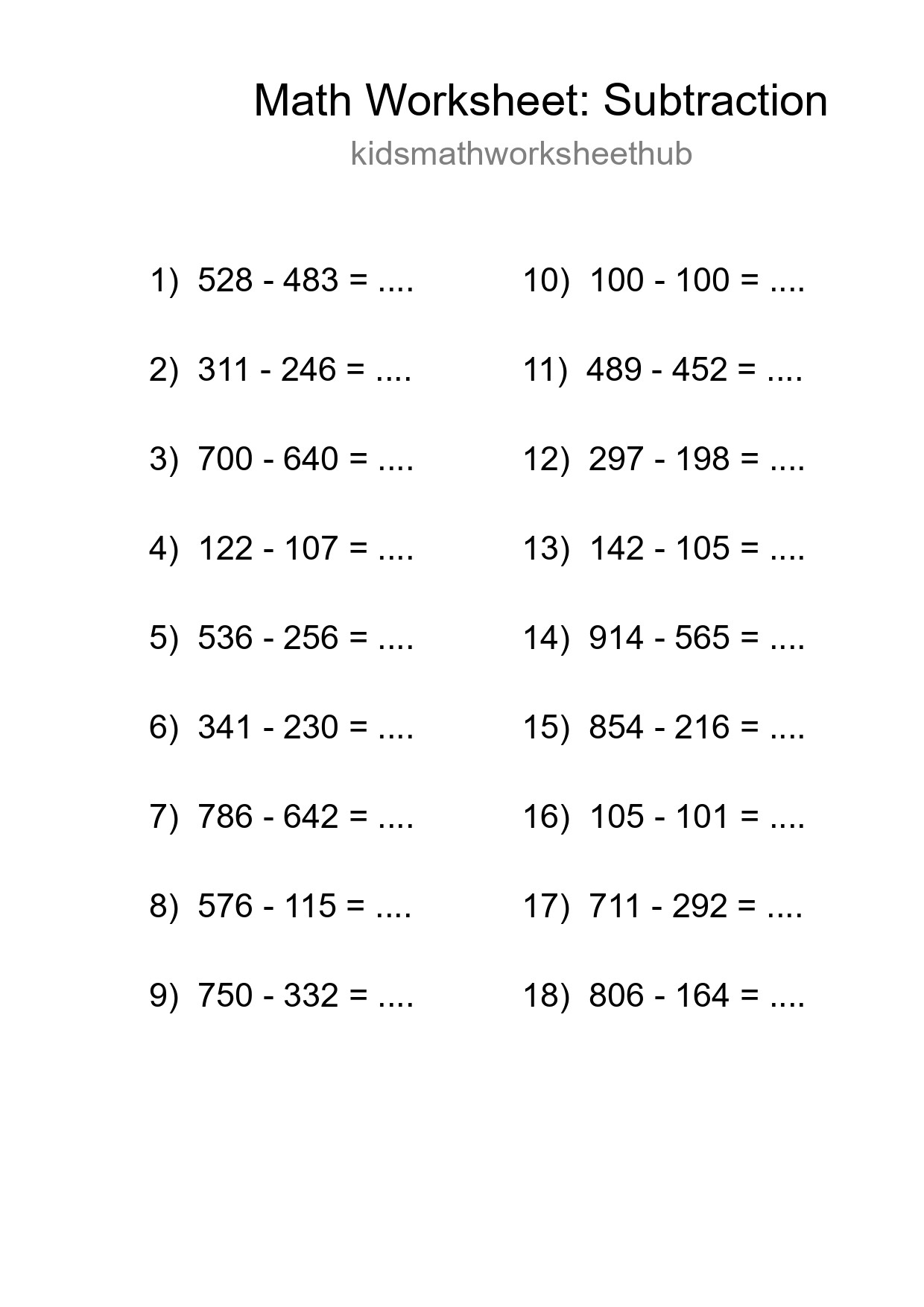 Printable Free 18 Subtraction Math Worksheet For Grade 5 - Part 52