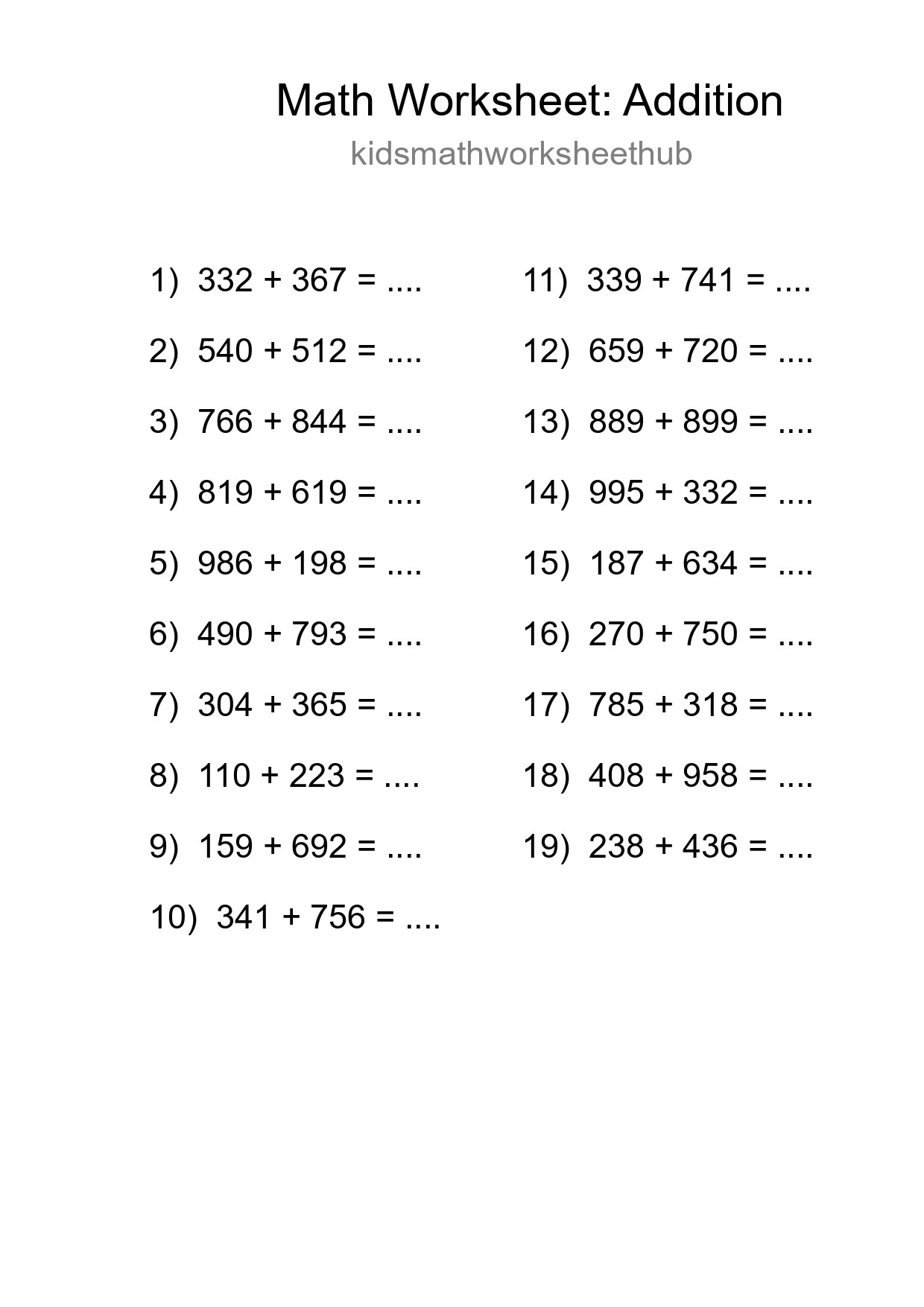 Printable Free 19 Addition Math Worksheet For Grade 5 - Part 232